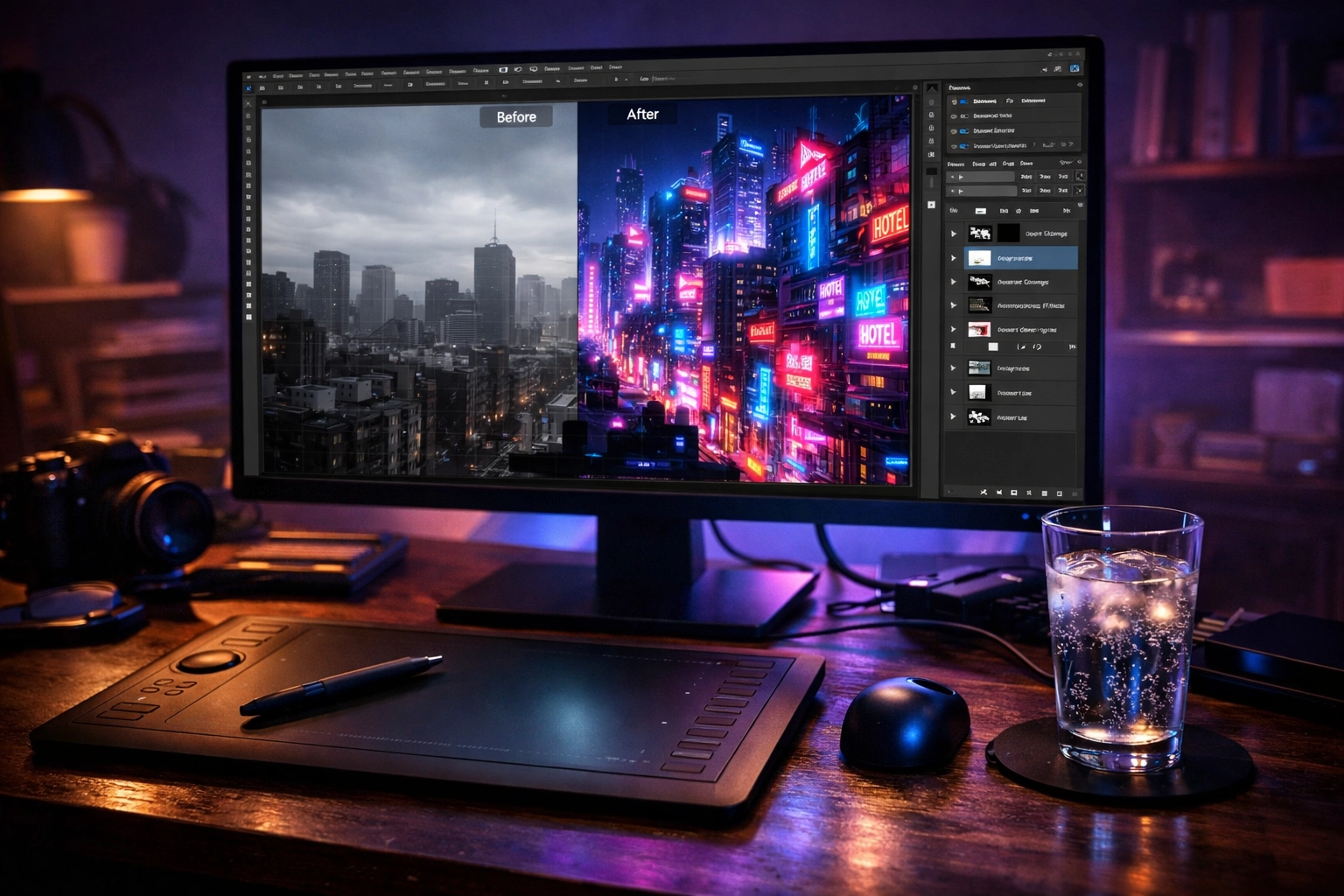 Creative photographer using advanced AI photo editing tools to transform a city landscape on a monitor.