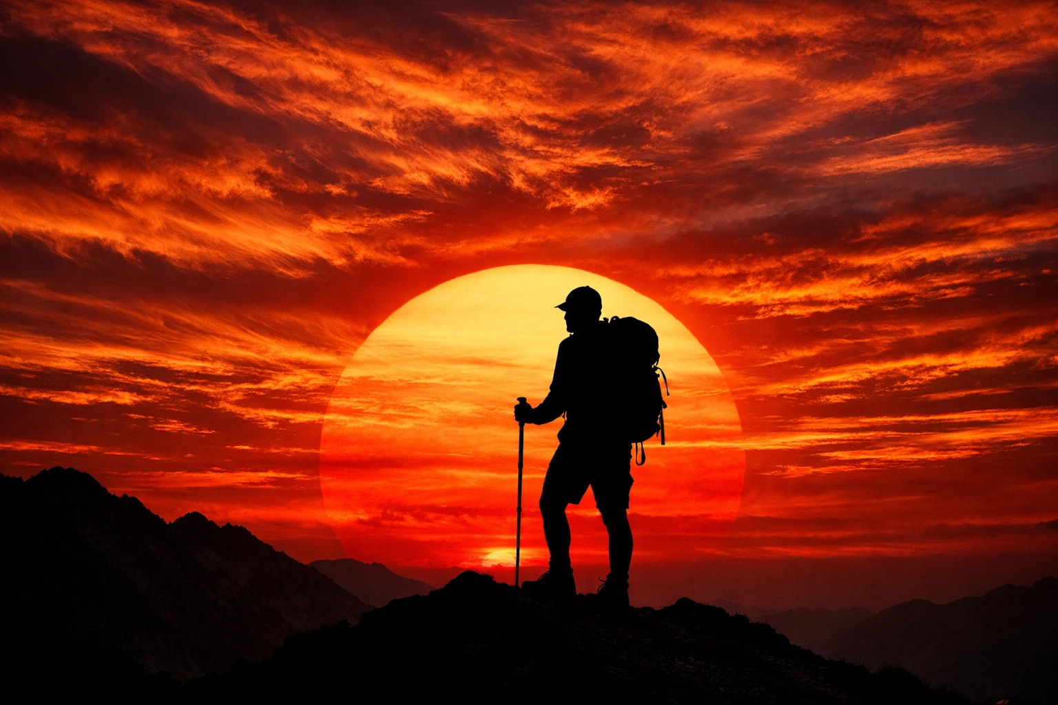 Stunning hiker silhouette captured using creative manual mode exposure settings during a mountain sunset.