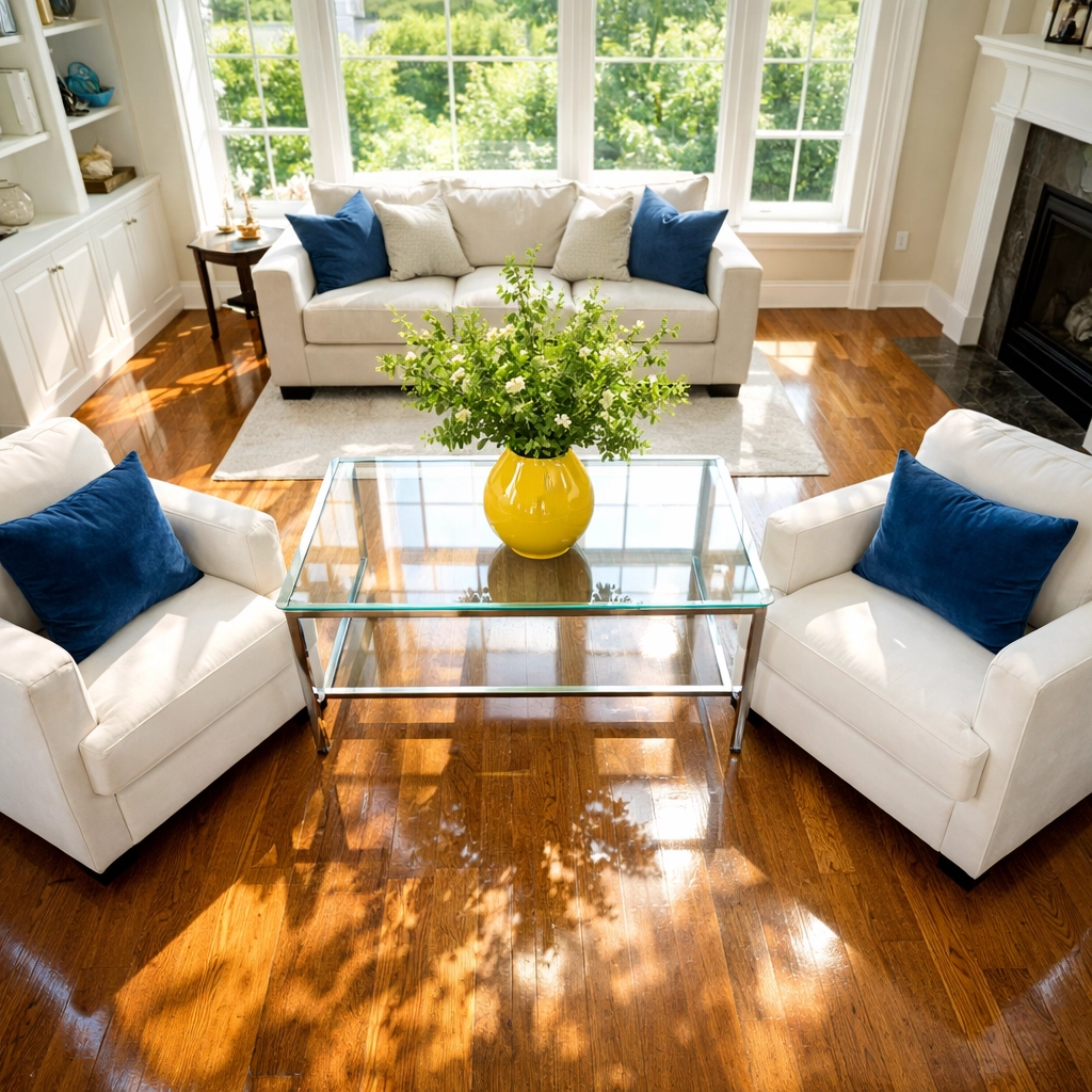Spotless Westford living room with clean hardwood floors, showing the benefits of weekly house cleaning for health.