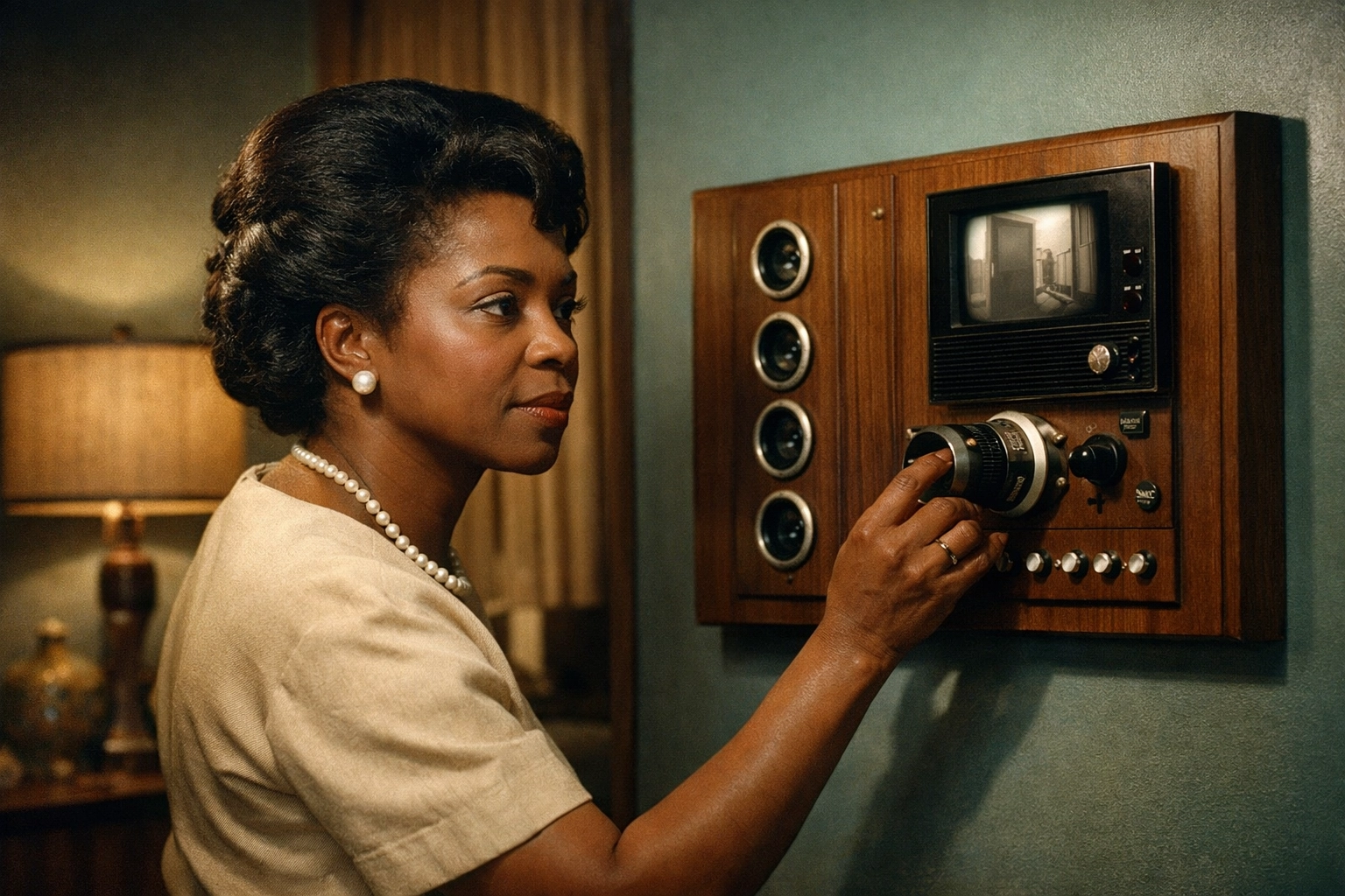 Marie Van Brittan Brown standing with her original home security system invention in the 1960s.
