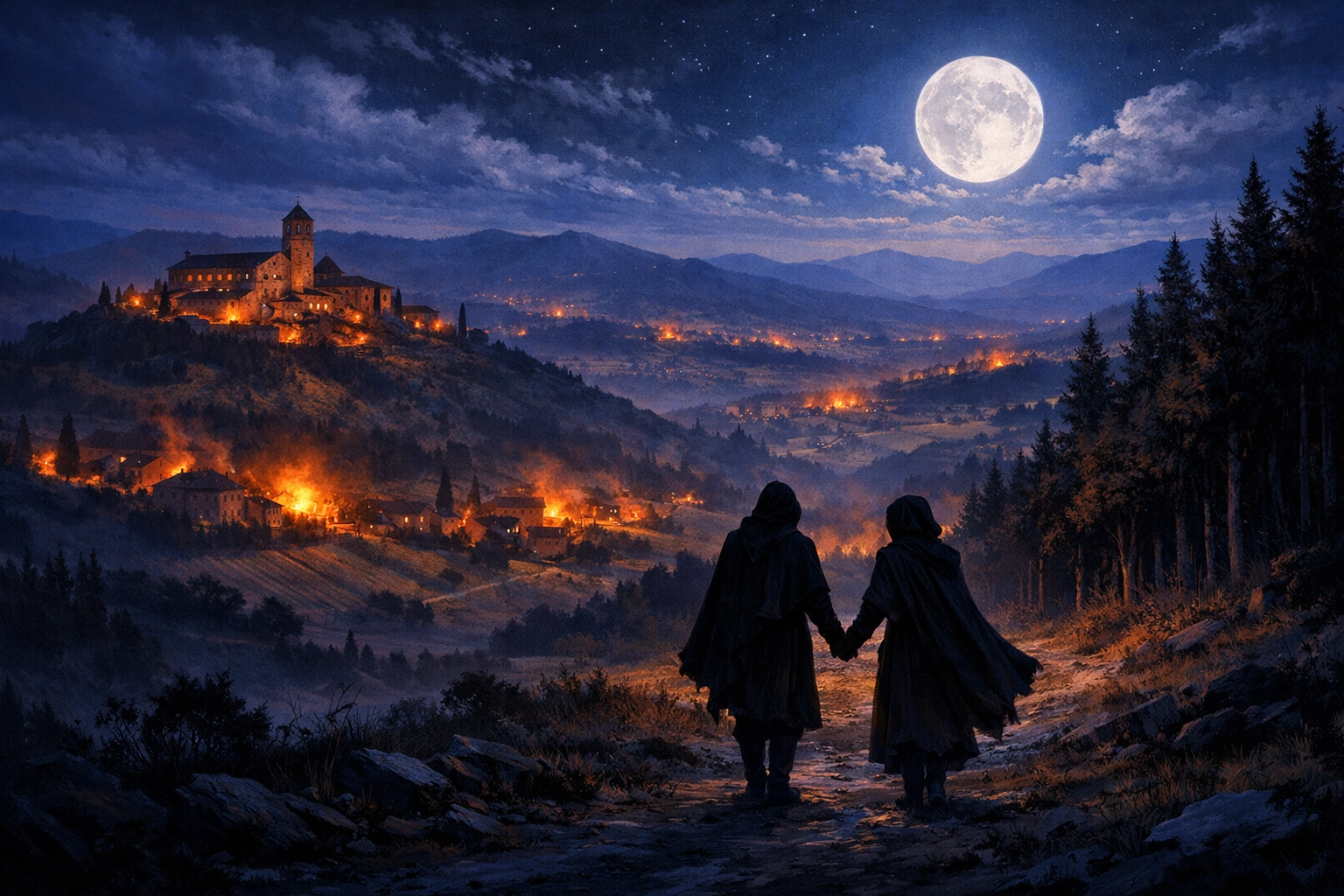Two nuns escaping monastery at night in medieval Italy, fleeing for freedom and love