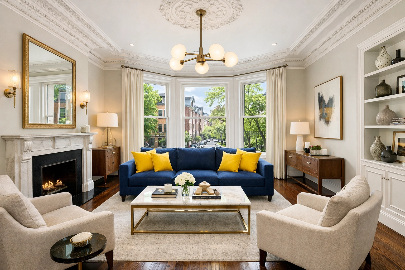 Spotless luxury Boston brownstone living room showcasing professional deep cleaning in a historic Beacon Hill home.