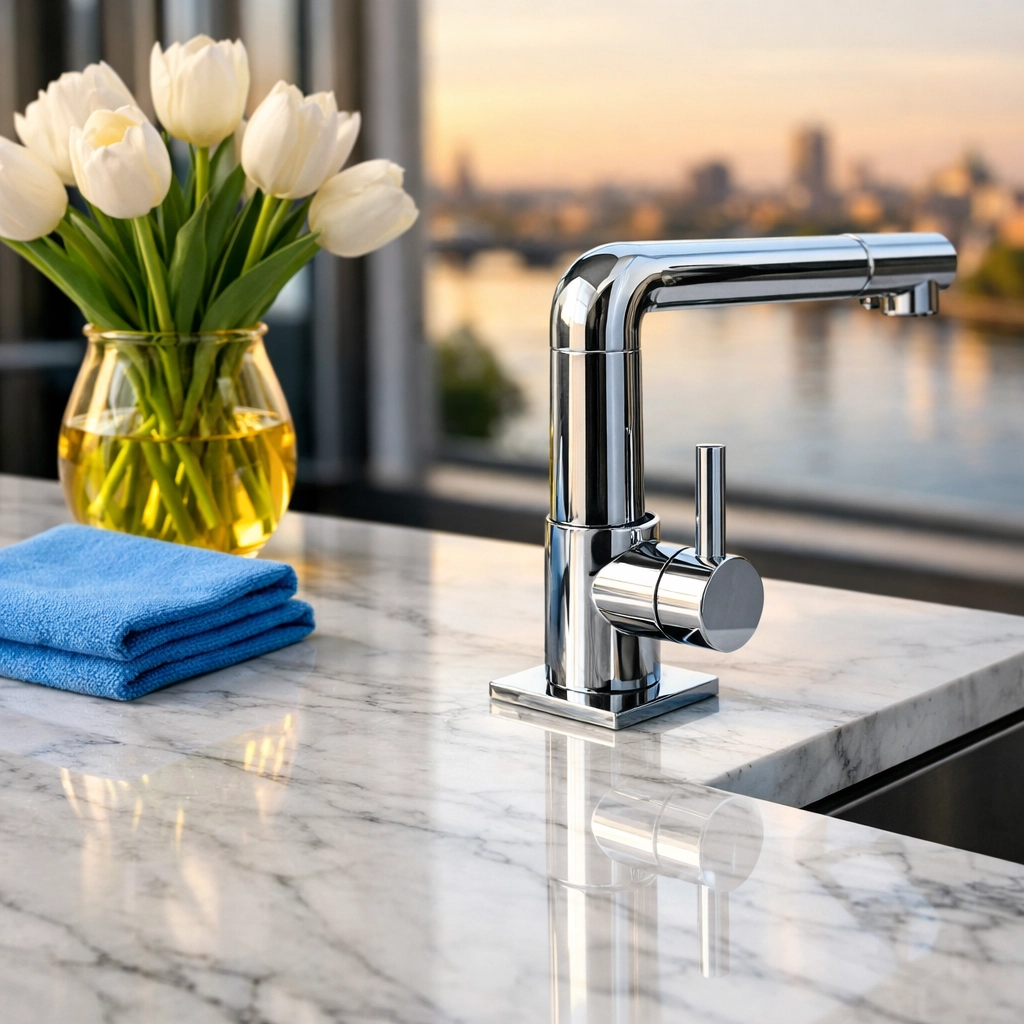 Detailed kitchen cleaning by a maid service Cambridge specialist focusing on marble surfaces and chrome fixtures.