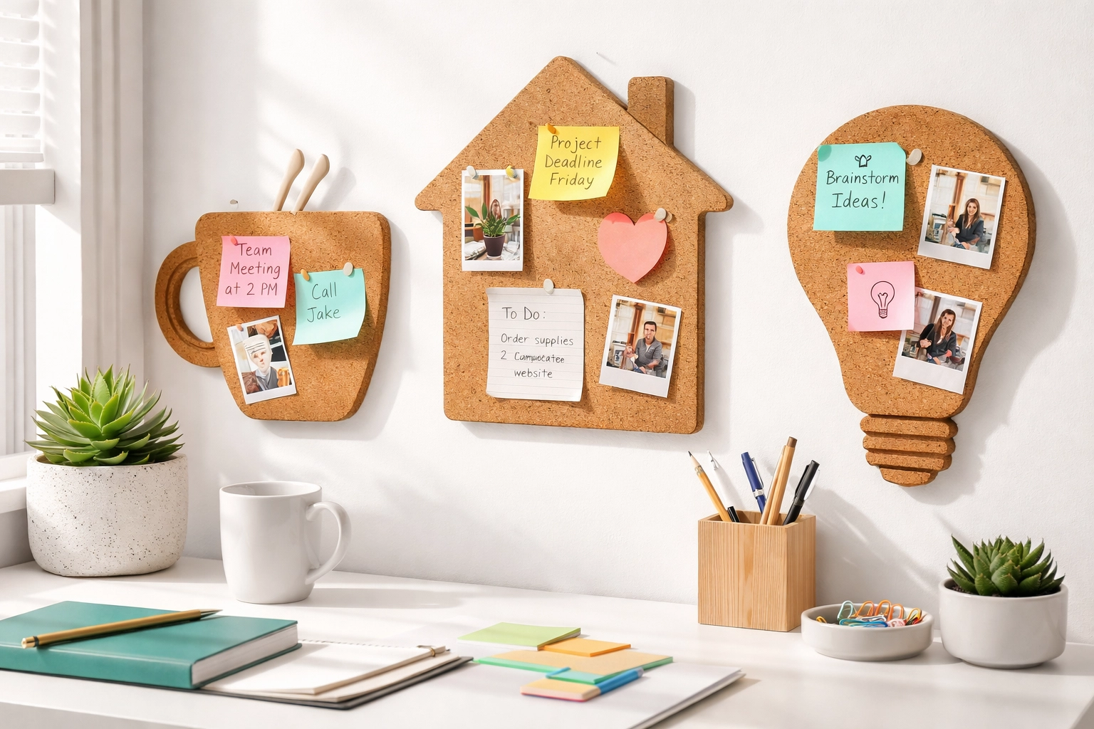 Creative custom shape memo boards on a modern office desk, including coffee cup, house, and light bulb designs, perfect for branded office swag.