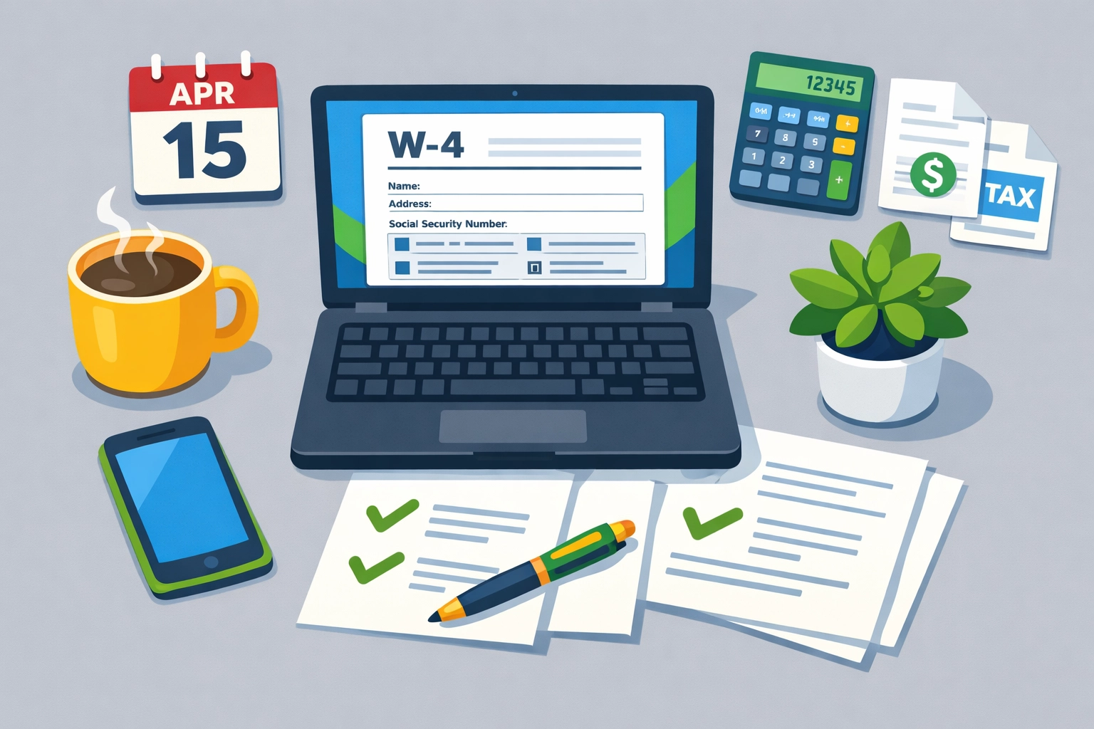 Desktop workspace with W-4 form and tax documents for updating withholding