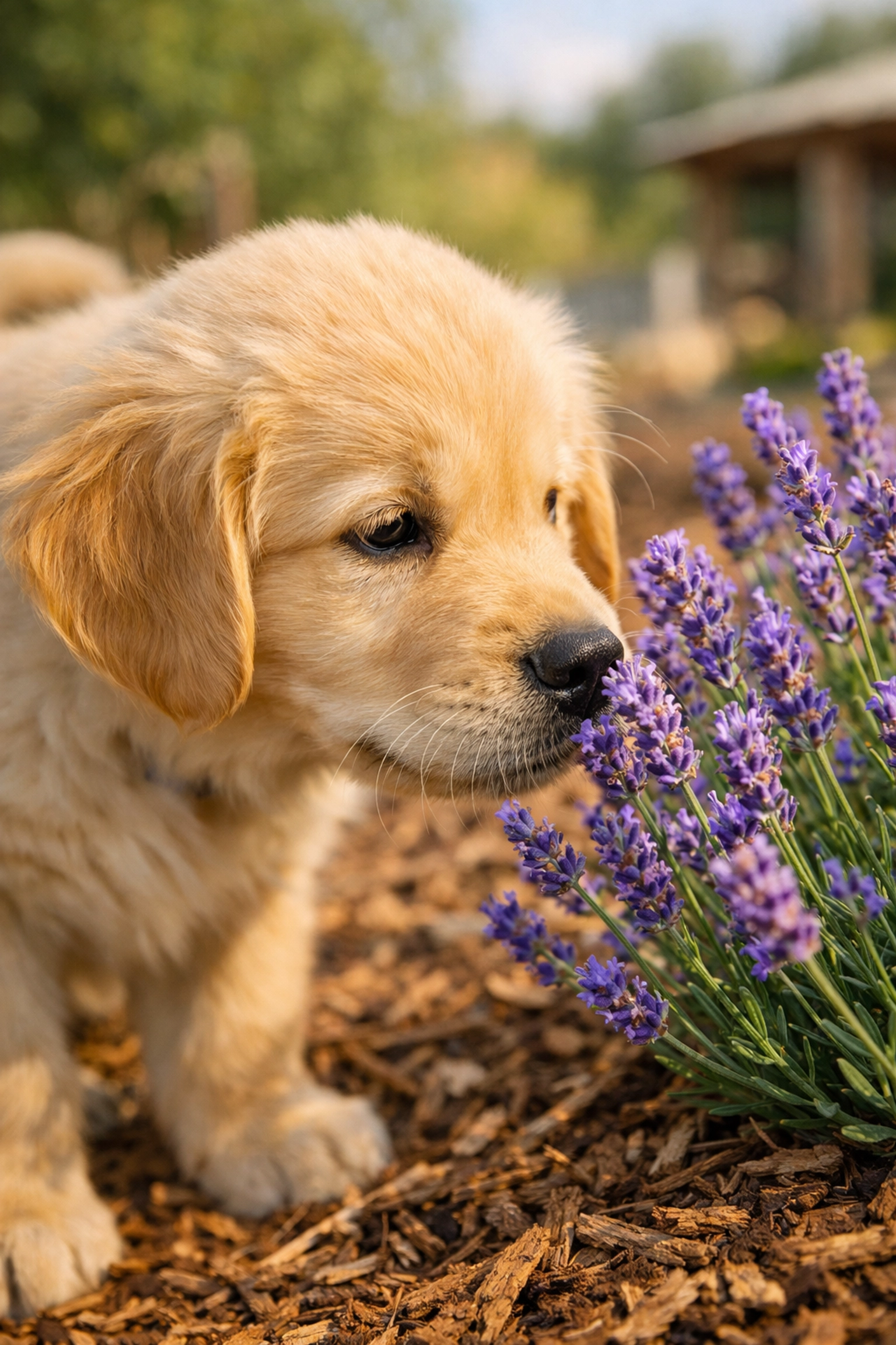 Golden Retriever puppy sniffing lavender in a sensory garden at Green Acres K-9 Resort.