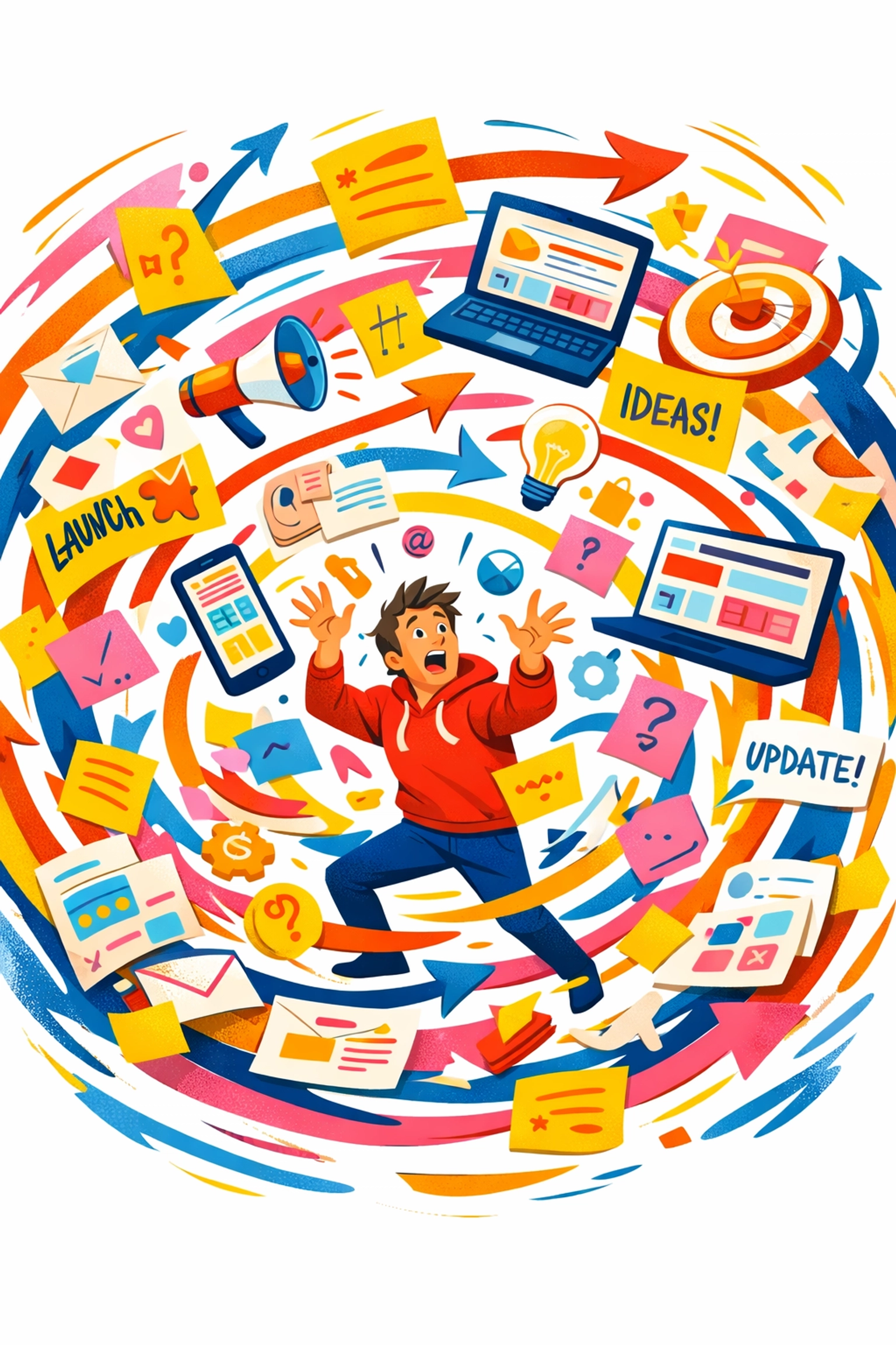 Overwhelmed startup founder juggling multiple tasks and ideas simultaneously