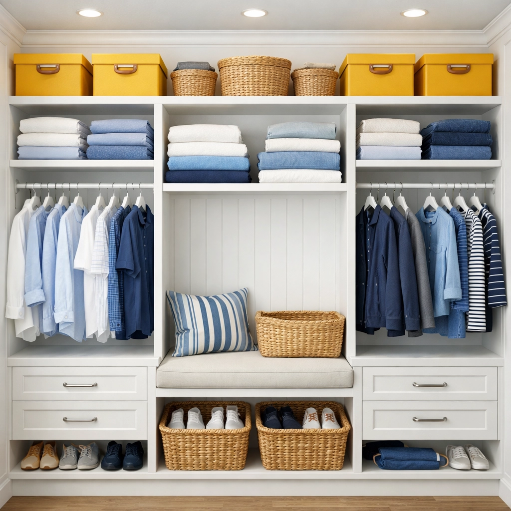 An organized walk-in closet prepared for a professional spring deep clean in Boston and Natick.