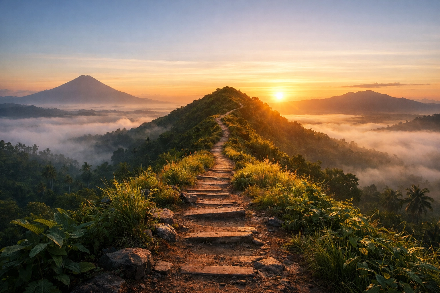 A serene sunrise over a tropical mountain trail, representing the peaceful spiritual legacy of Chuck Norris.