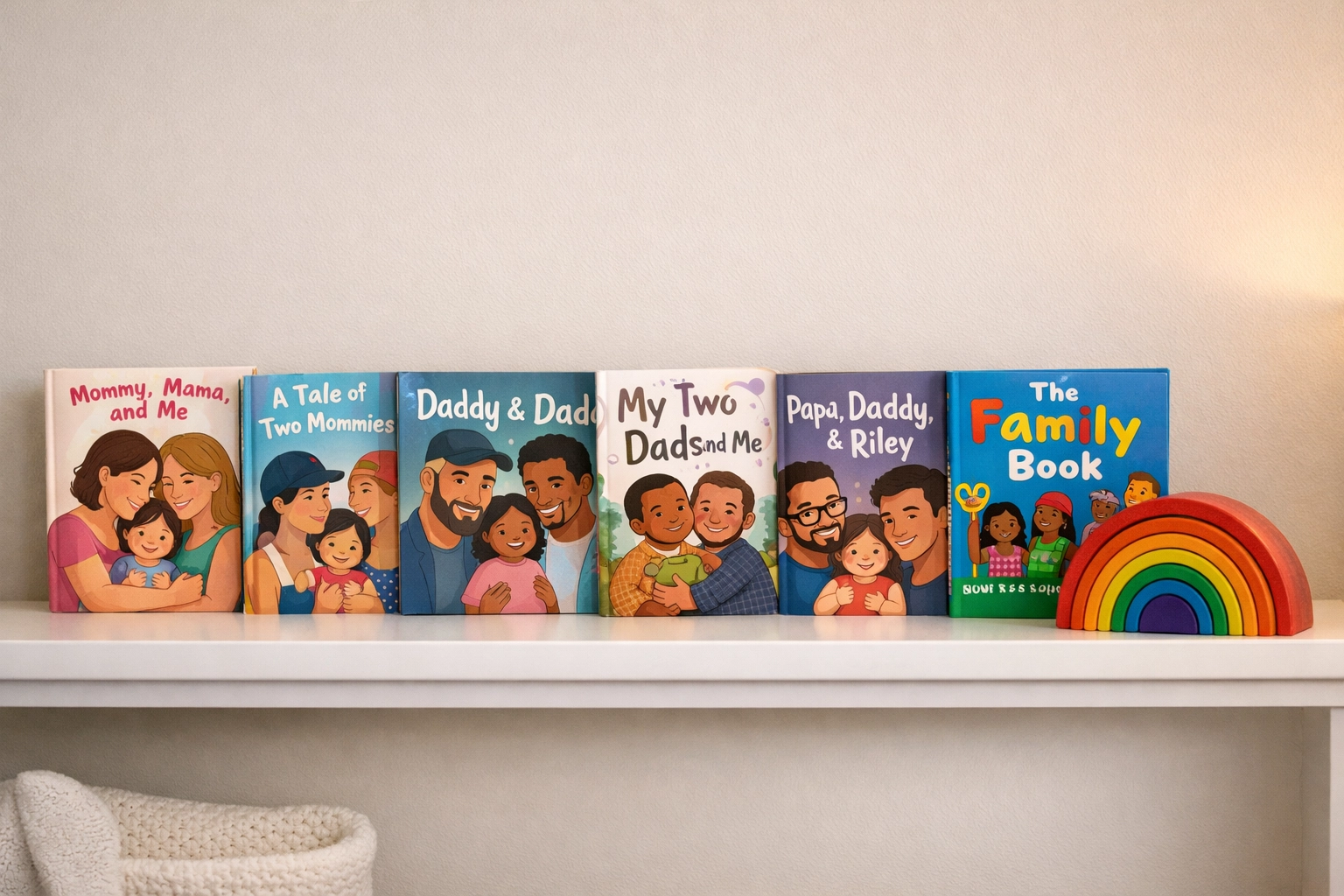A minimalist nursery shelf featuring a collection of diverse LGBTQ+ children's books and a rainbow toy.