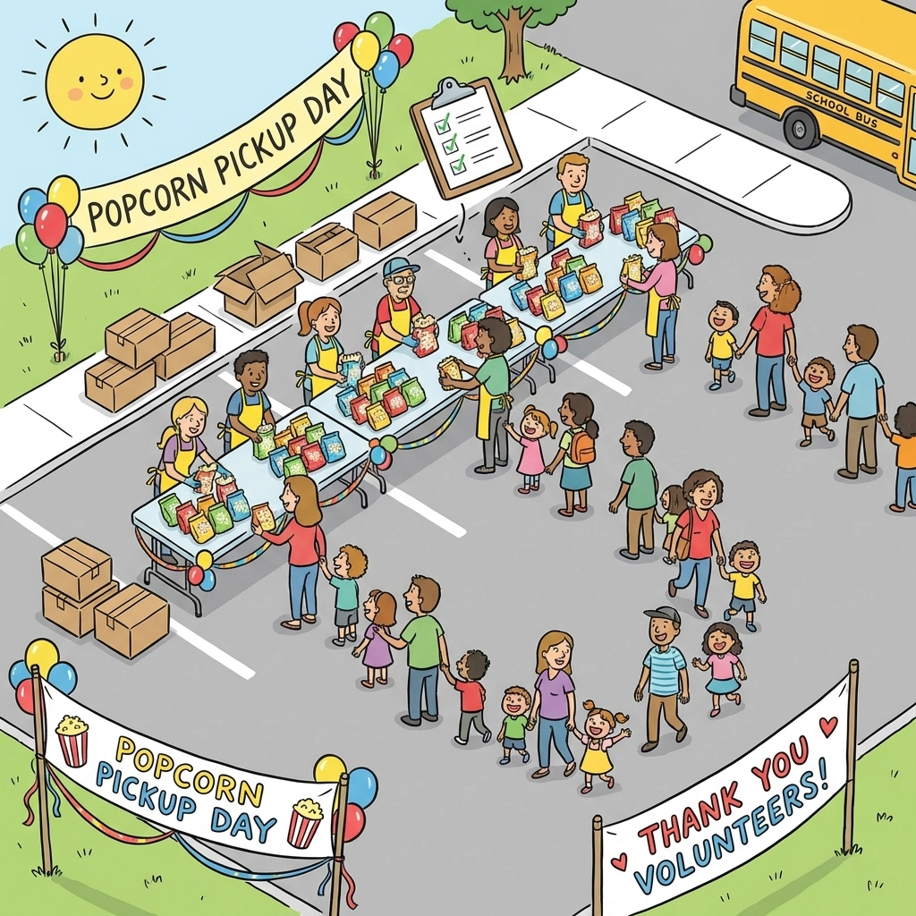 Volunteers and families joyfully organising and picking up gourmet popcorn orders during fundraising distribution day at a school.