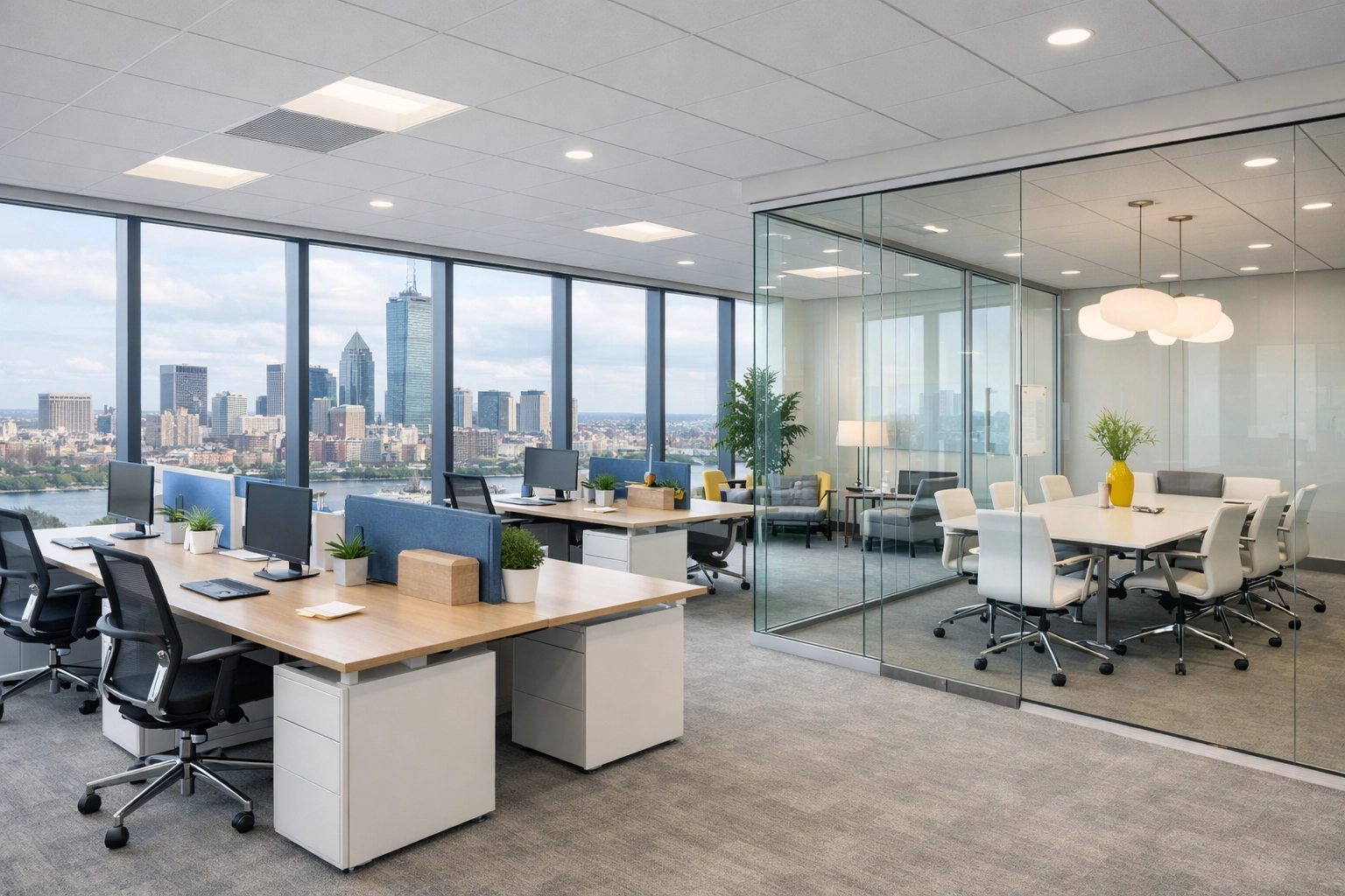 Immaculate corporate office cleaning services Massachusetts showing a modern workspace with a city view.