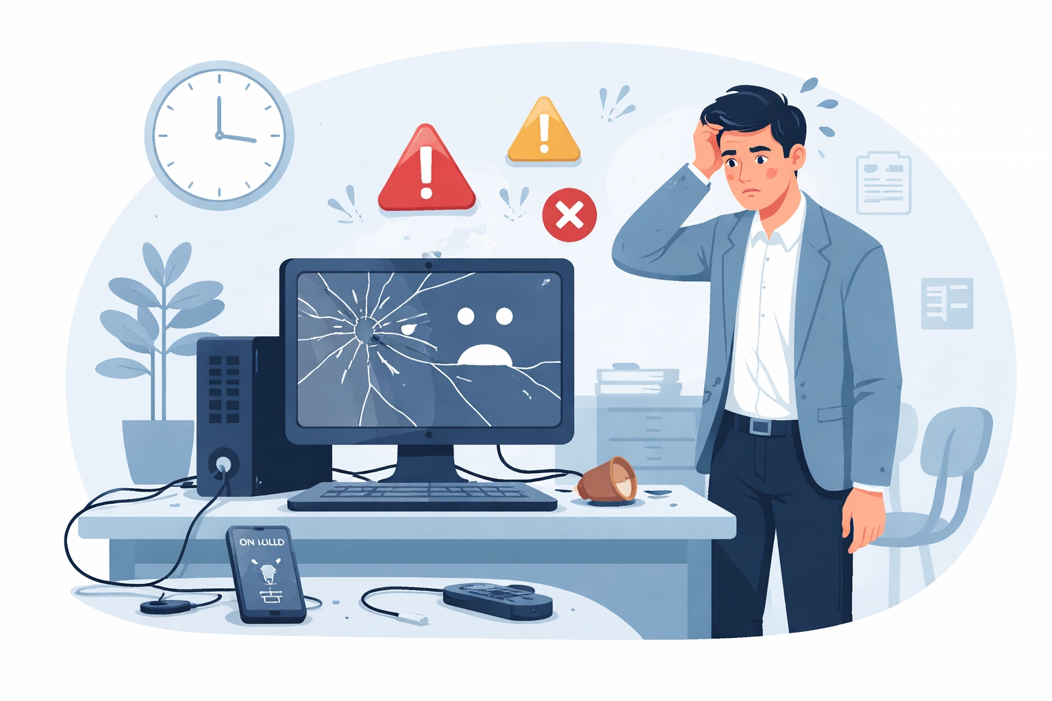 Business owner stressed over broken computer, highlighting risks of reactive computer repair Petoskey MI.