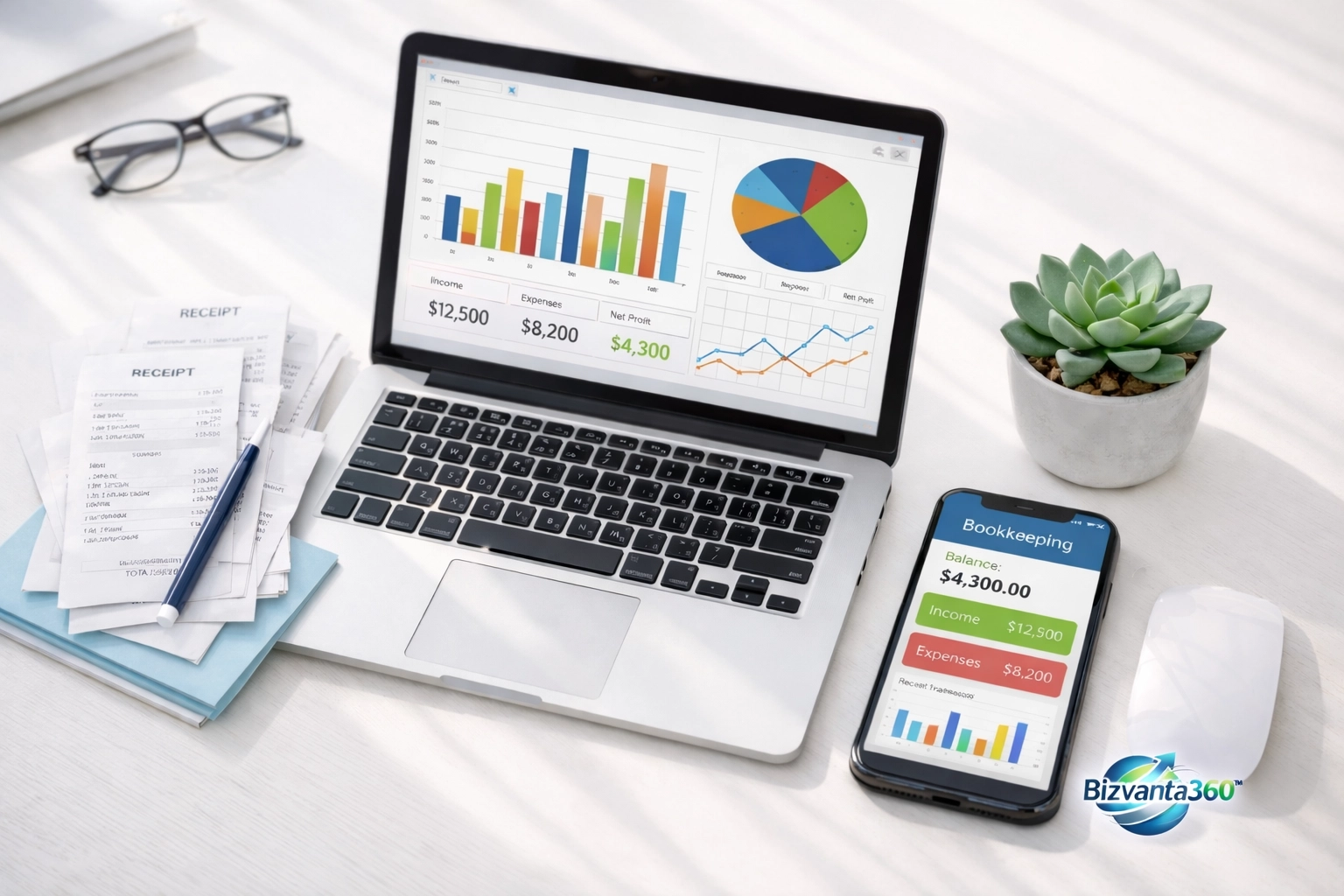 Small business bookkeeping workspace with financial charts and organized receipts