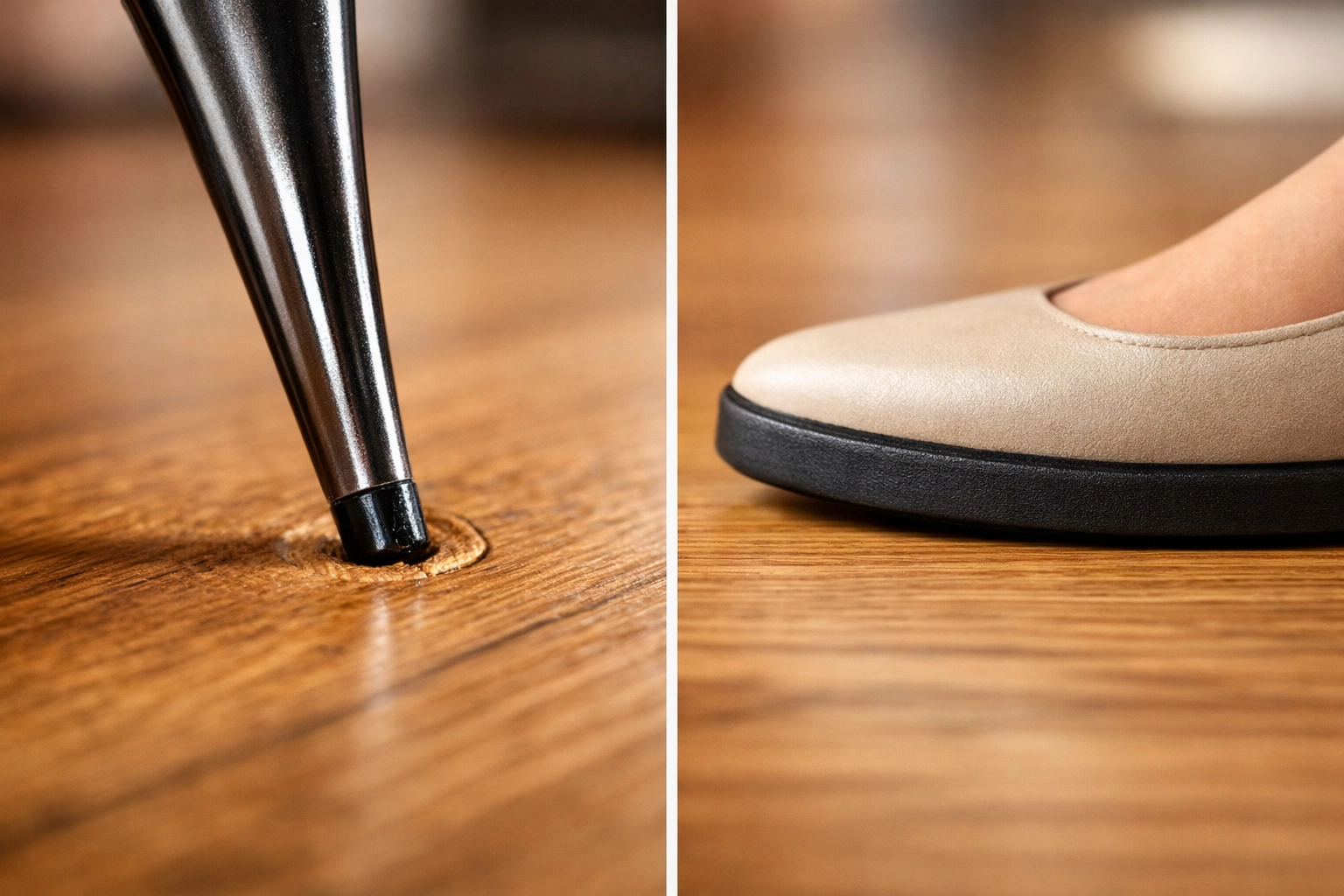 Stiletto heel vs flat shoe pressure comparison on hardwood flooring showing damage difference