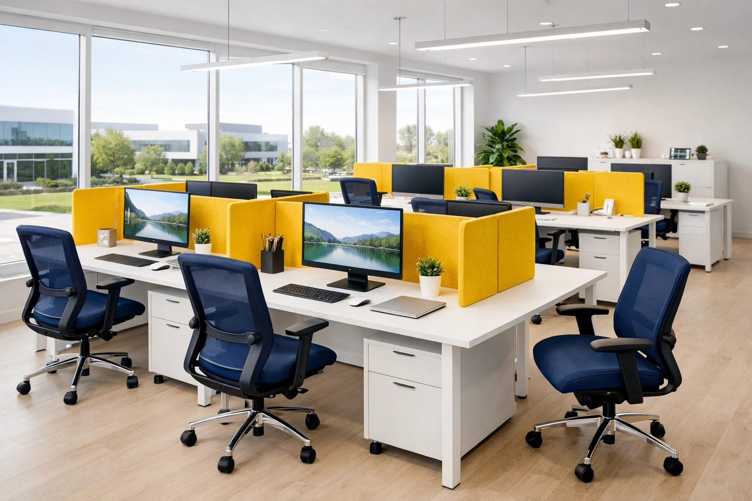 Modern open-plan office in Easton, MA featuring sanitized workstations and professionally maintained floors.