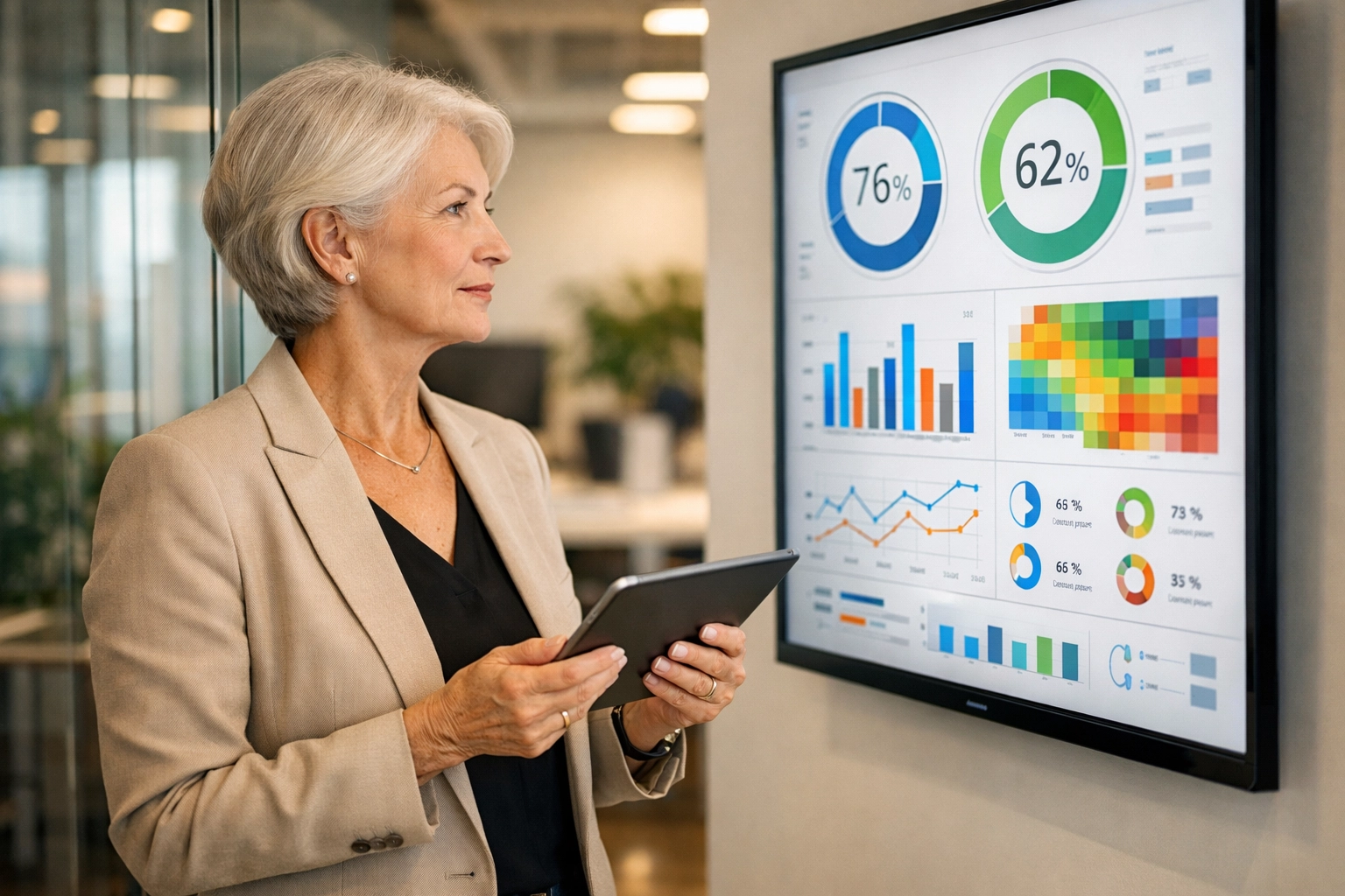 Executive reviewing a ServiceNow dashboard with real-time analytics for transparent audit reporting.