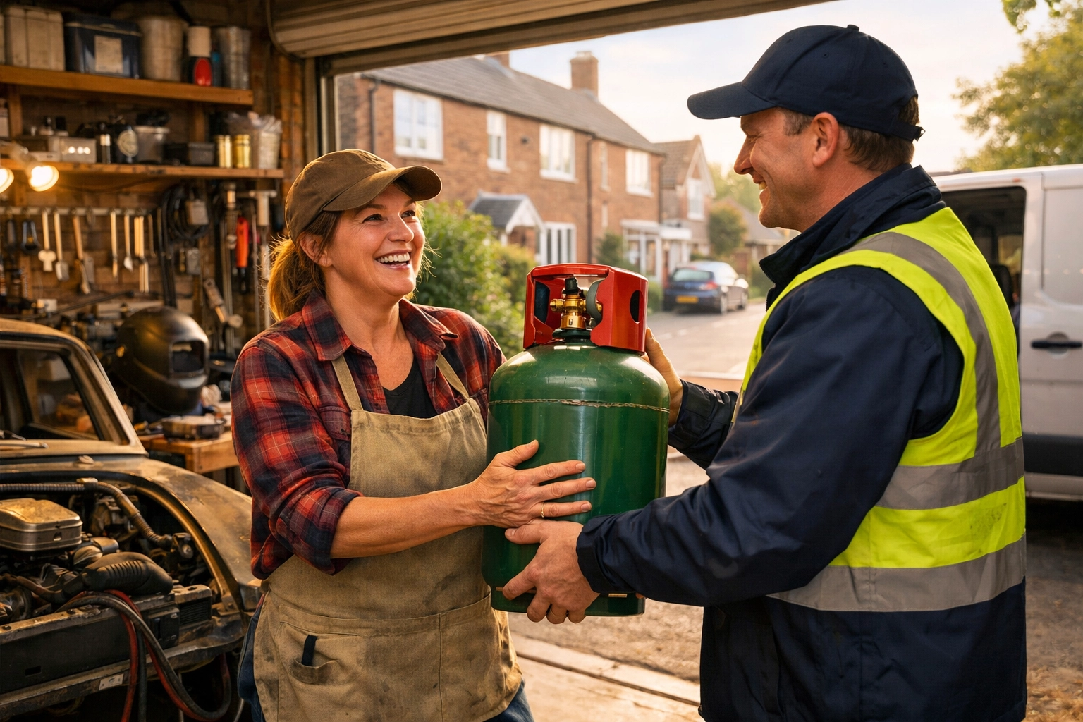 DIY enthusiast in a home workshop receiving a gas cylinder delivery from an industrial gas supplier.