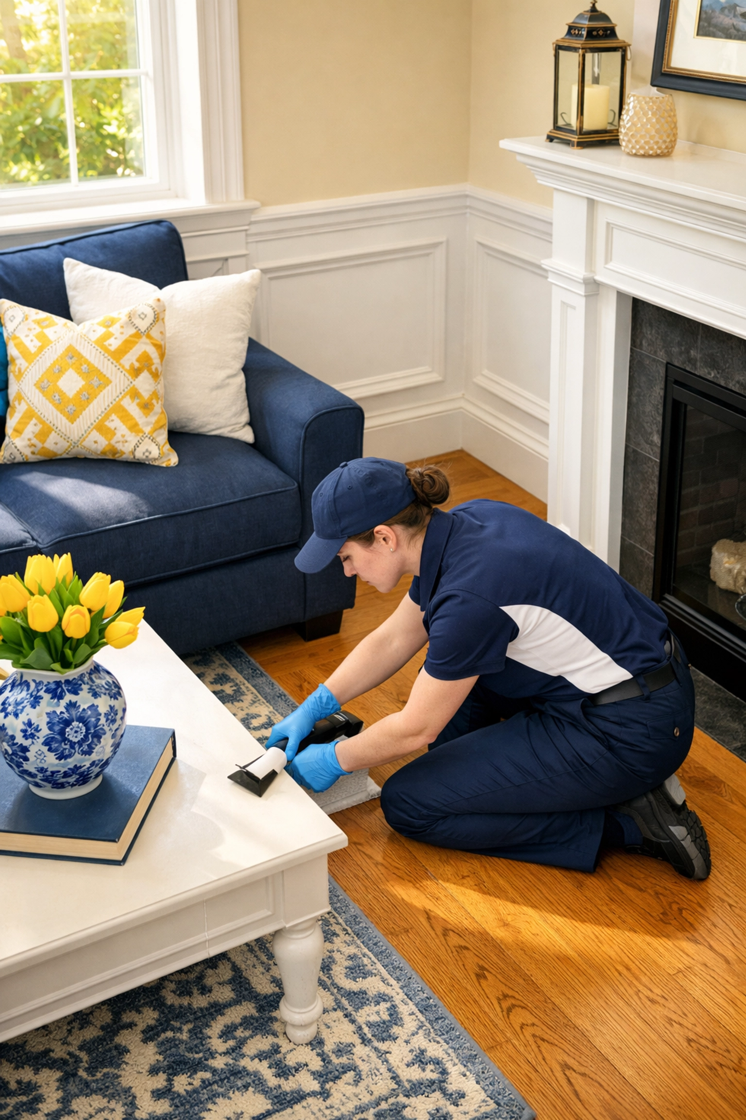 Professional cleaner detailing white baseboards for deep cleaning North Cambridge residents.