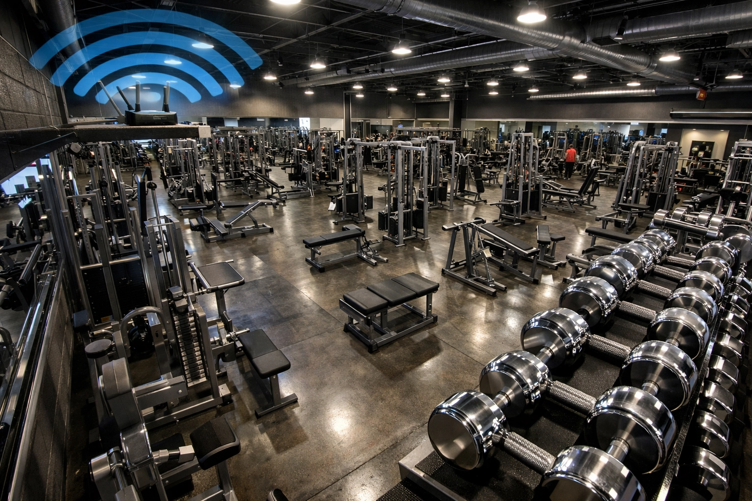 Large gym interior with metal equipment creating WiFi coverage challenges