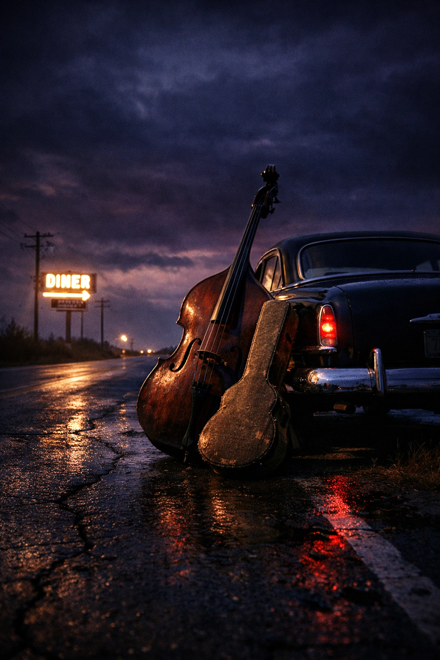 A vintage car and upright bass on a quiet highway at twilight, representing the early touring days of the Blue Moon Boys.