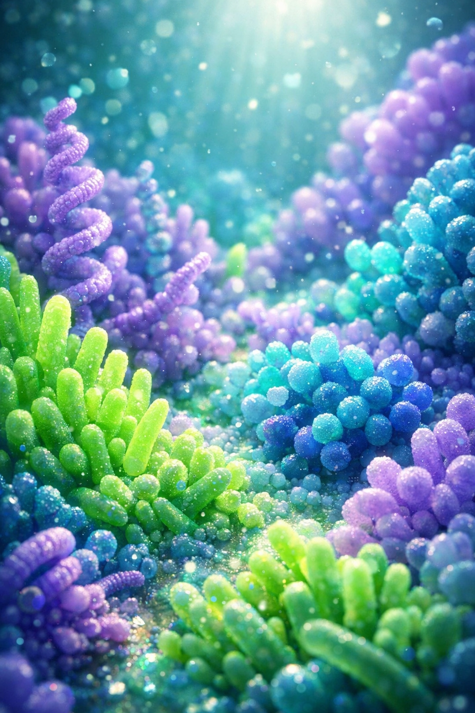 Vibrant visualization of a flourishing human gut microbiome with diverse and healthy bacterial colonies.