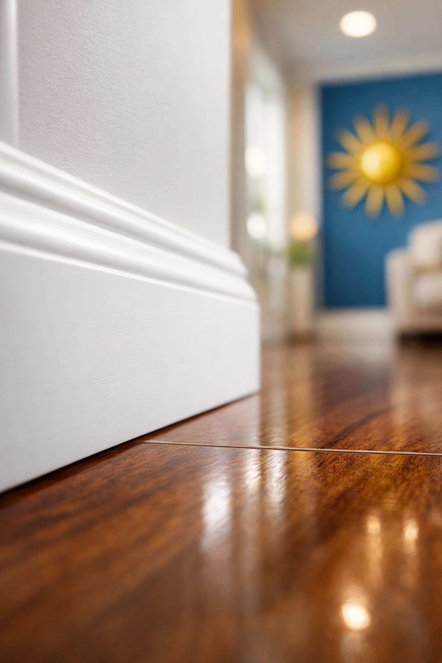 Close-up of dust-free white baseboards and polished hardwood floors in a Lunenburg residence.