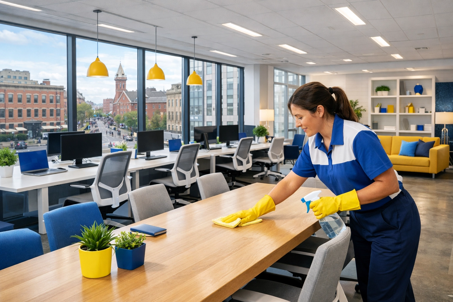 Professional cleaner sanitizing a modern workspace table for Office Cleaning Cambridge MA.