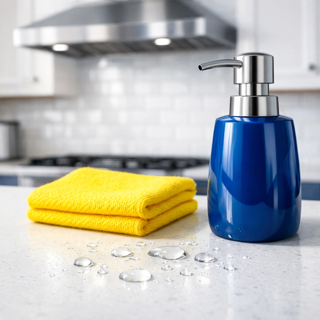 Deeply cleaned white quartz kitchen countertop using eco-friendly products for a Boston apartment.