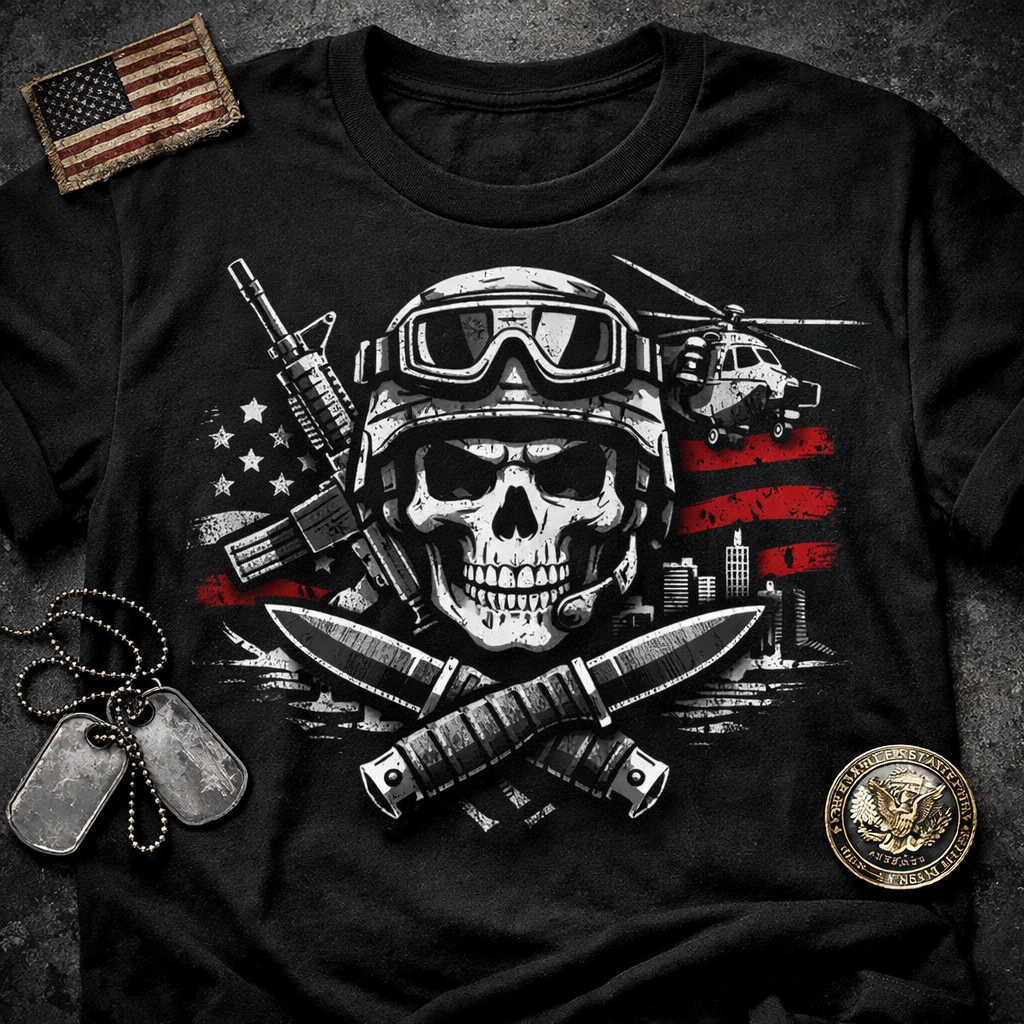 Military humor shirt with tactical gear including patches and dog tags