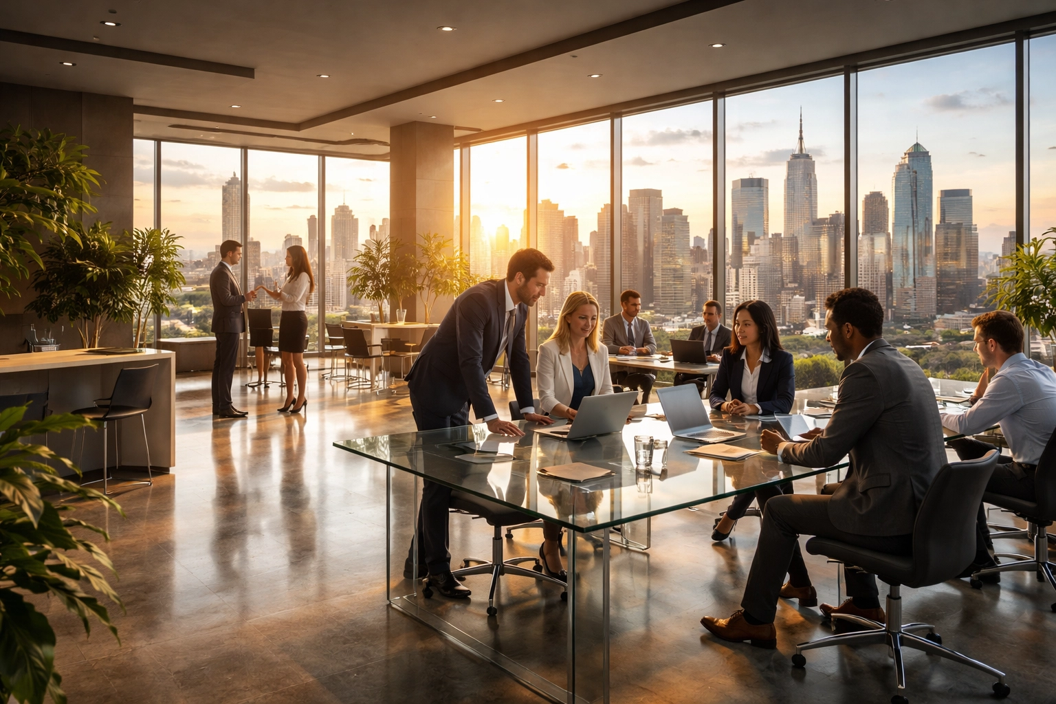 Modern office space with business professionals collaborating, symbolizing financial expertise in media holdings