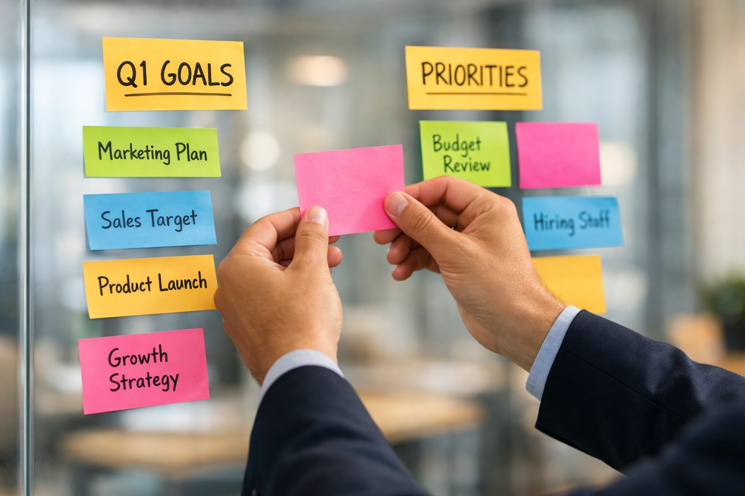 Business owner organizing quarterly priorities and Rocks on visual planning board