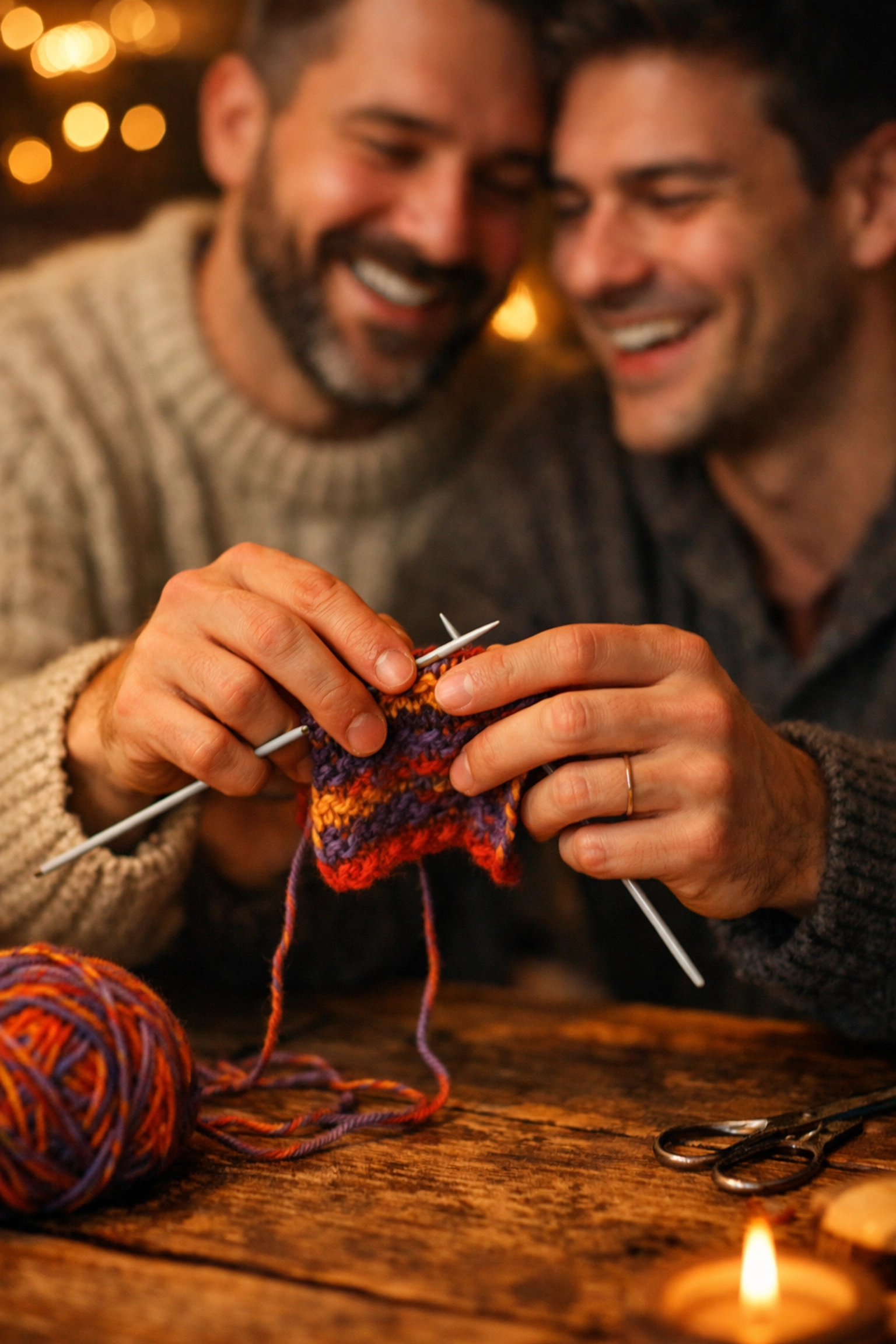 Gay men sharing a moment while knitting, finding connection through creative queer hobbies.