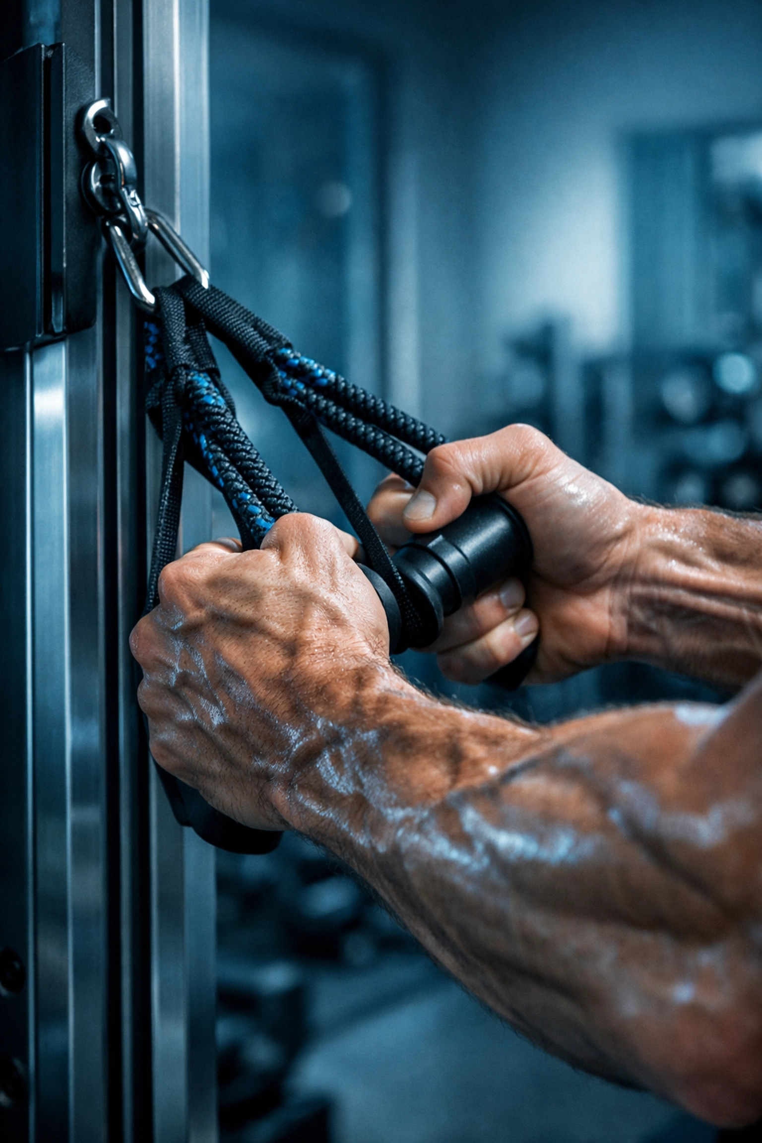 High-tension resistance bands on a vertical rail showing stability during a full body workout at home.