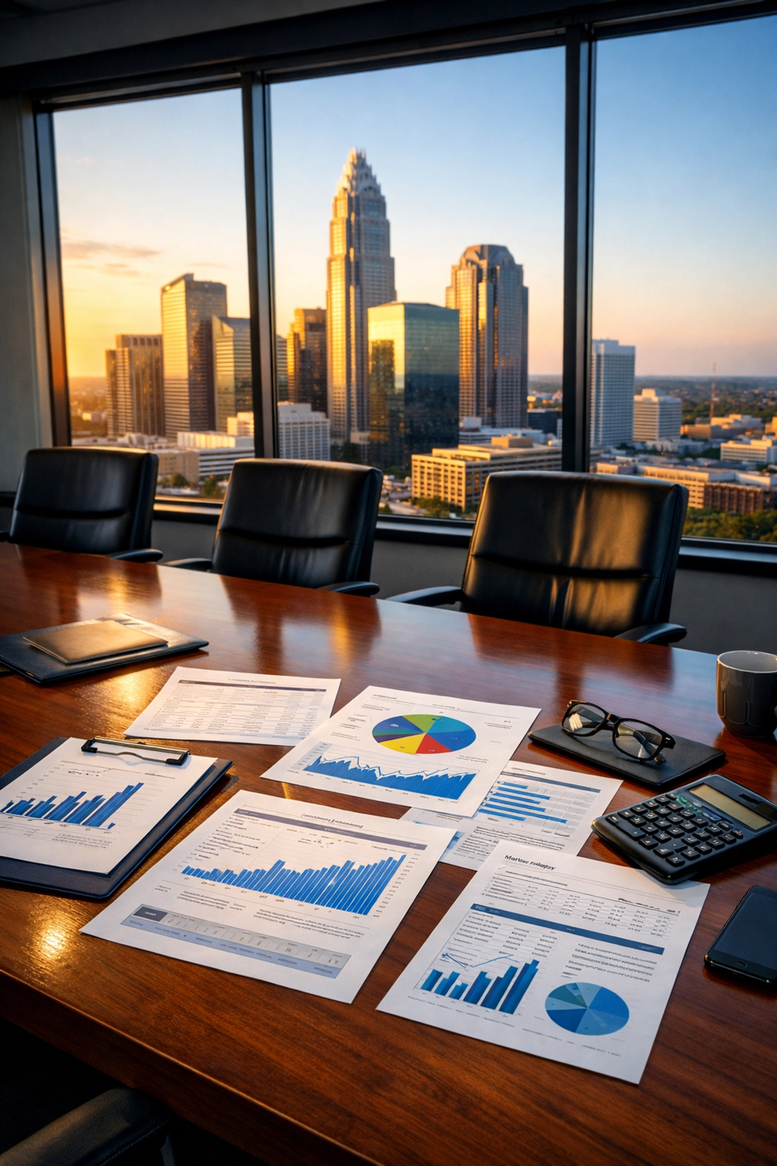 Charlotte North Carolina business sale planning with financial documents and skyline view