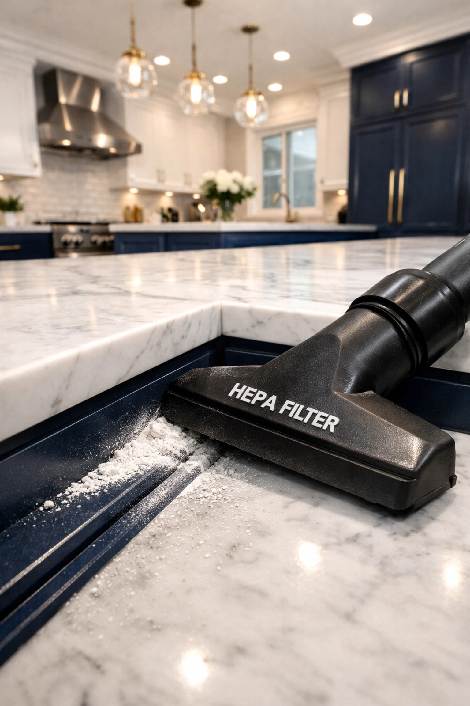 Detailed post-construction cleaning in Winter Park removing fine dust from luxury kitchen cabinetry.