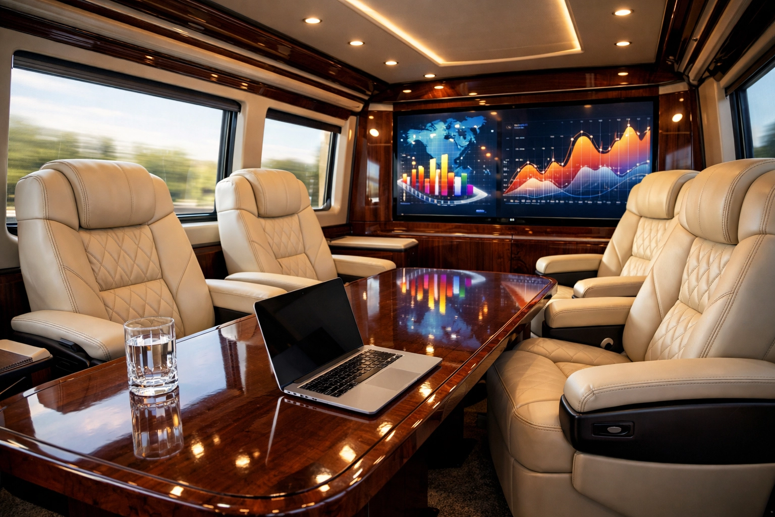 Interior of a luxury mobile boardroom sprinter designed for executive networking and Super Bowl logistics.