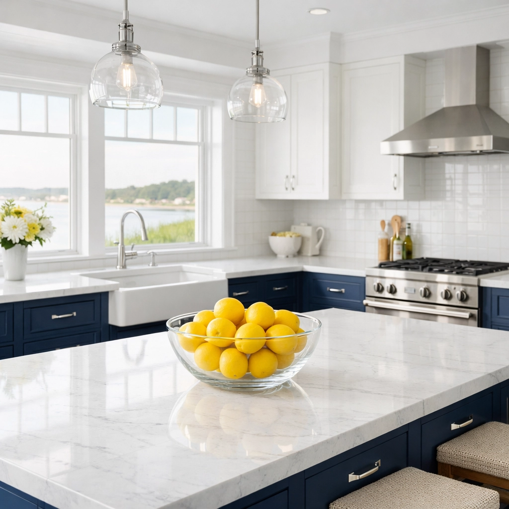 Clean coastal kitchen in Barnstable, MA showcasing weekly house cleaning results.