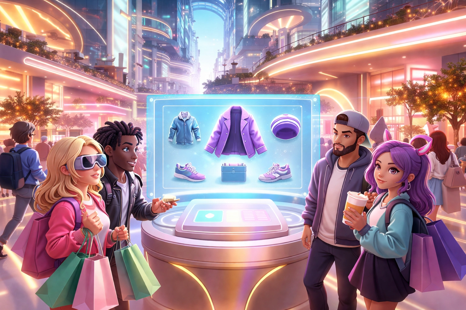 Avatars shopping together in a vibrant virtual mall highlighting immersive metaverse commerce.