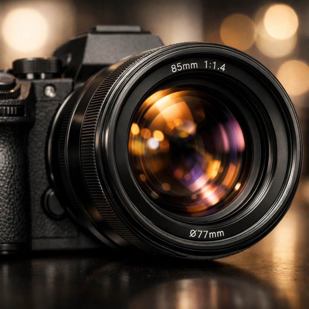 Professional camera with 85mm prime lens demonstrating depth of field in portrait photography techniques.