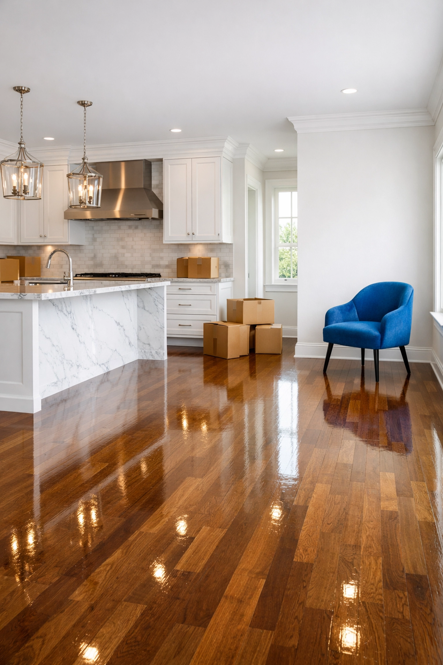Sparkling clean luxury kitchen with polished floors from expert House Cleaning Pepperell MA move-in services.