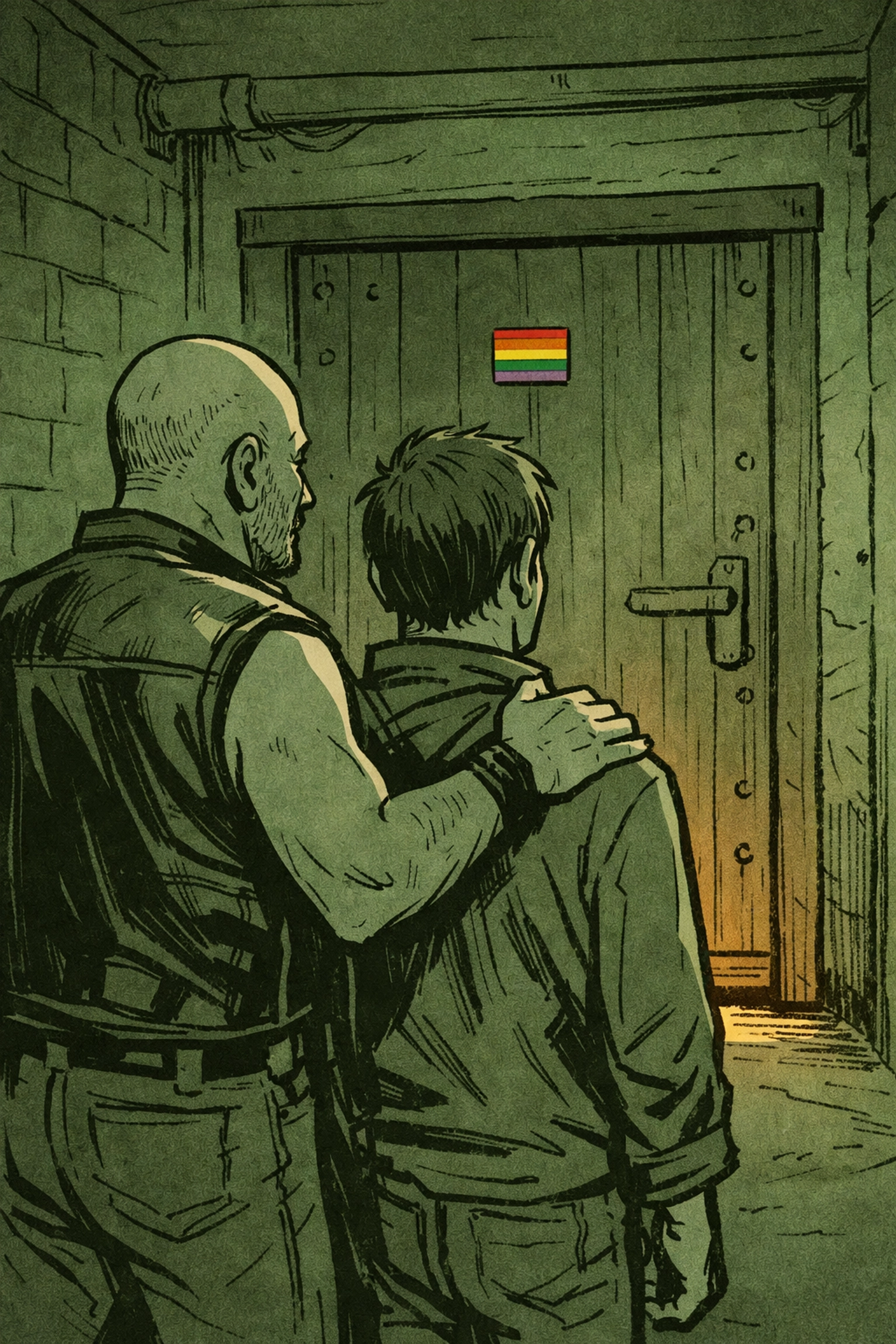 Two men entering historic gay fetish club, older mentor guiding younger man into LGBTQ+ safe space