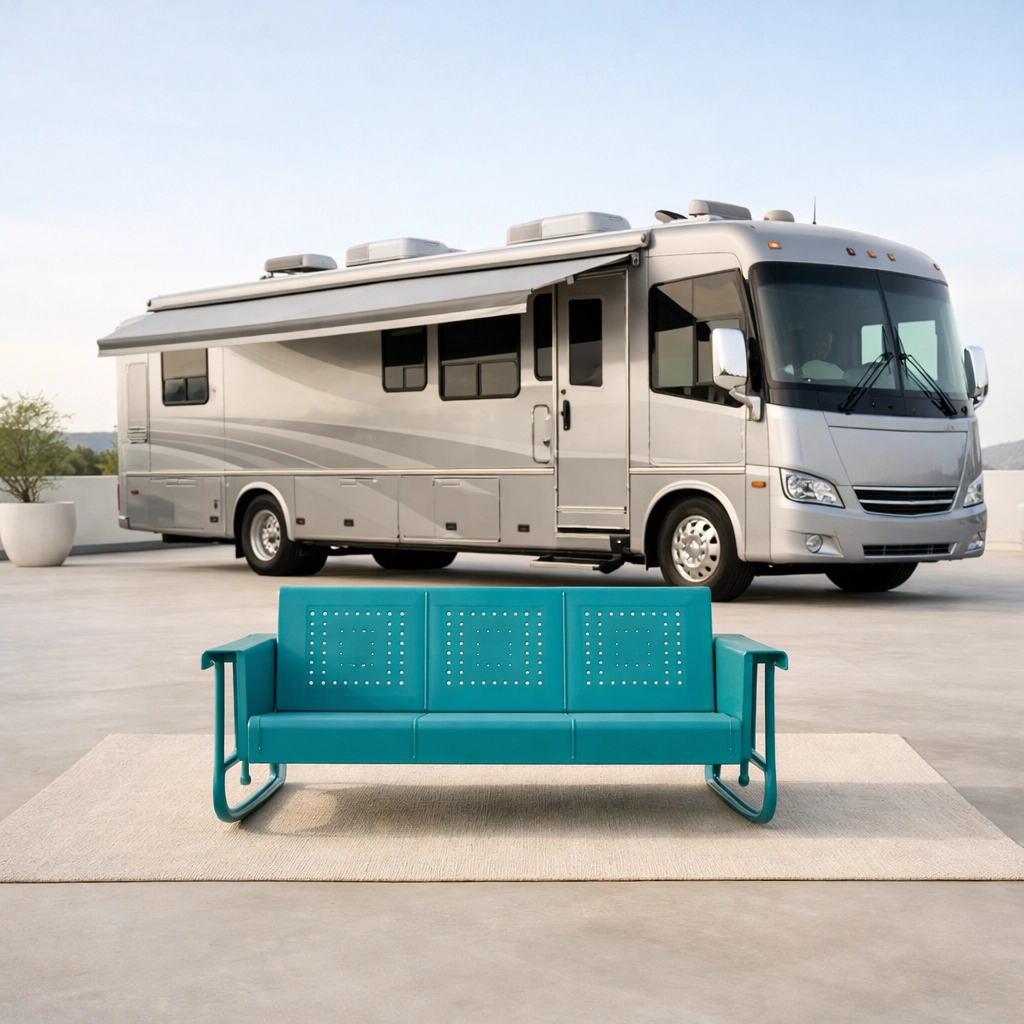 Teal retro metal glider set up outside a luxury modern silver RV on a patio rug.