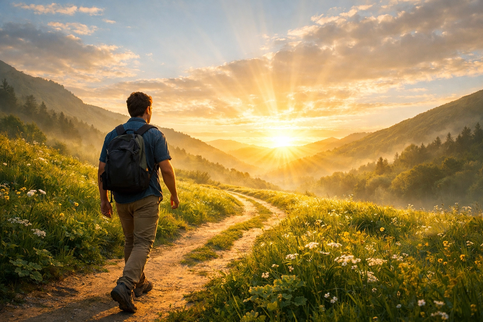 A man walks a bright trail at sunrise, representing the daily spiritual journey and growing in faith step by step.