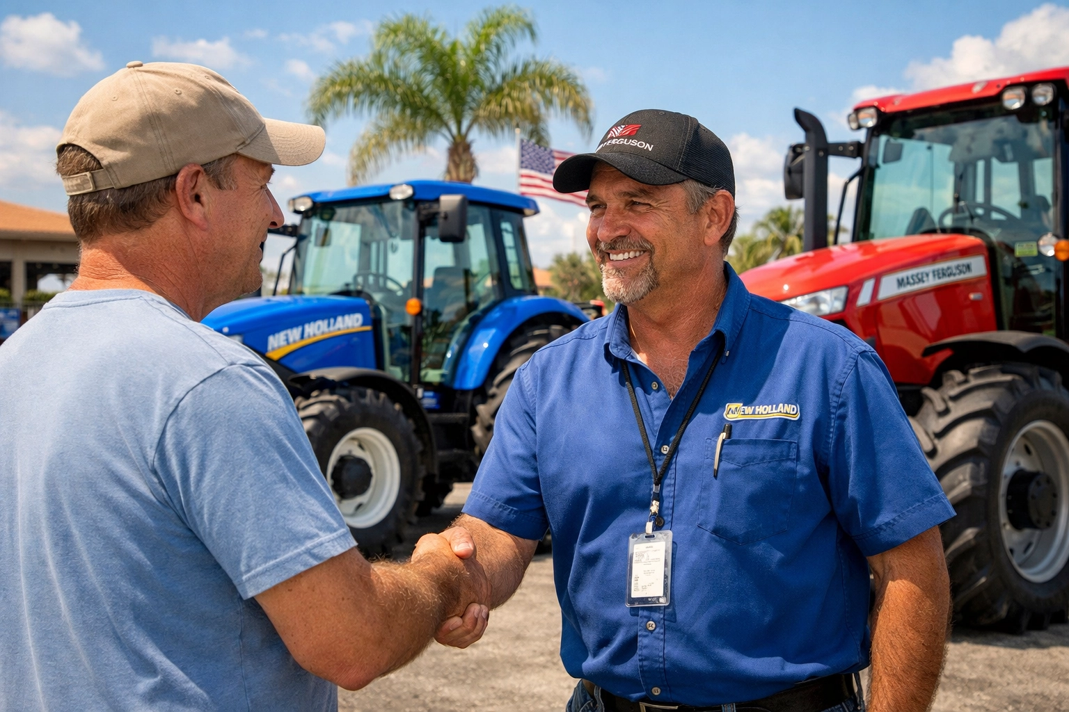 Customer and tractor dealer shaking hands in Florida showing personalized service
