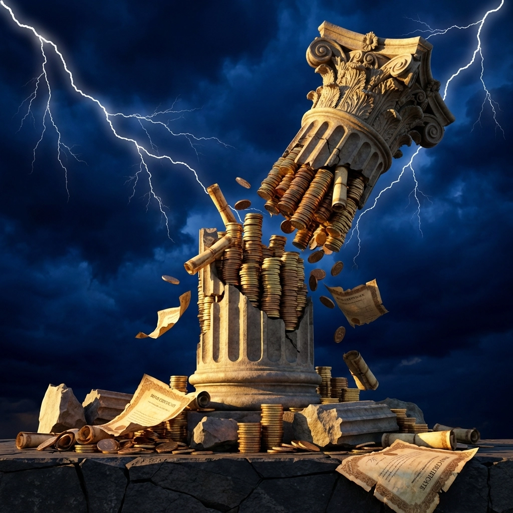 A fractured classical pillar made of coins and bonds symbolizes the decline of traditional 60/40 investment strategies during market crises.