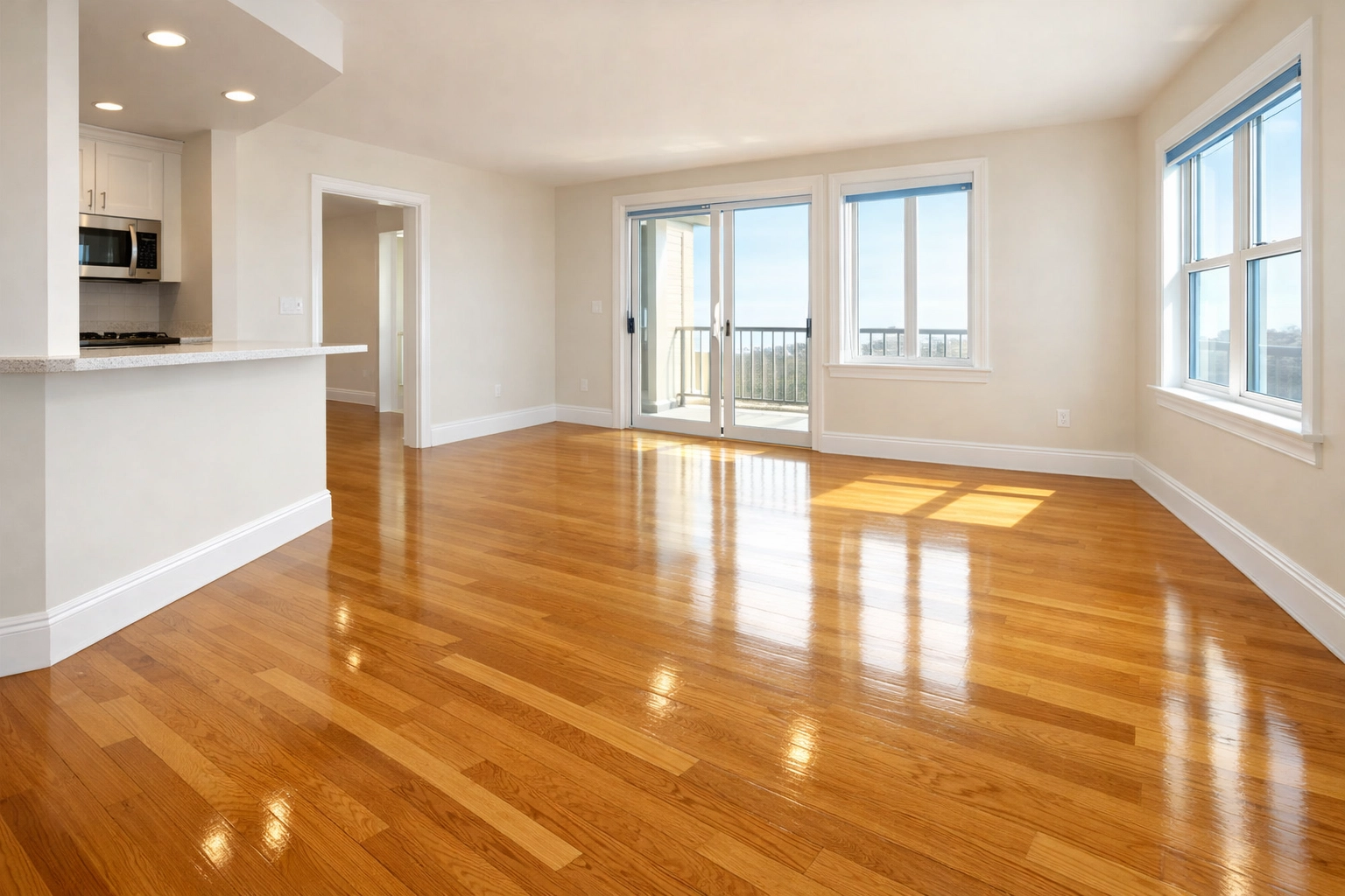 Sunlit empty apartment after professional move-out cleaning in Cambridge MA featuring gleaming floors.