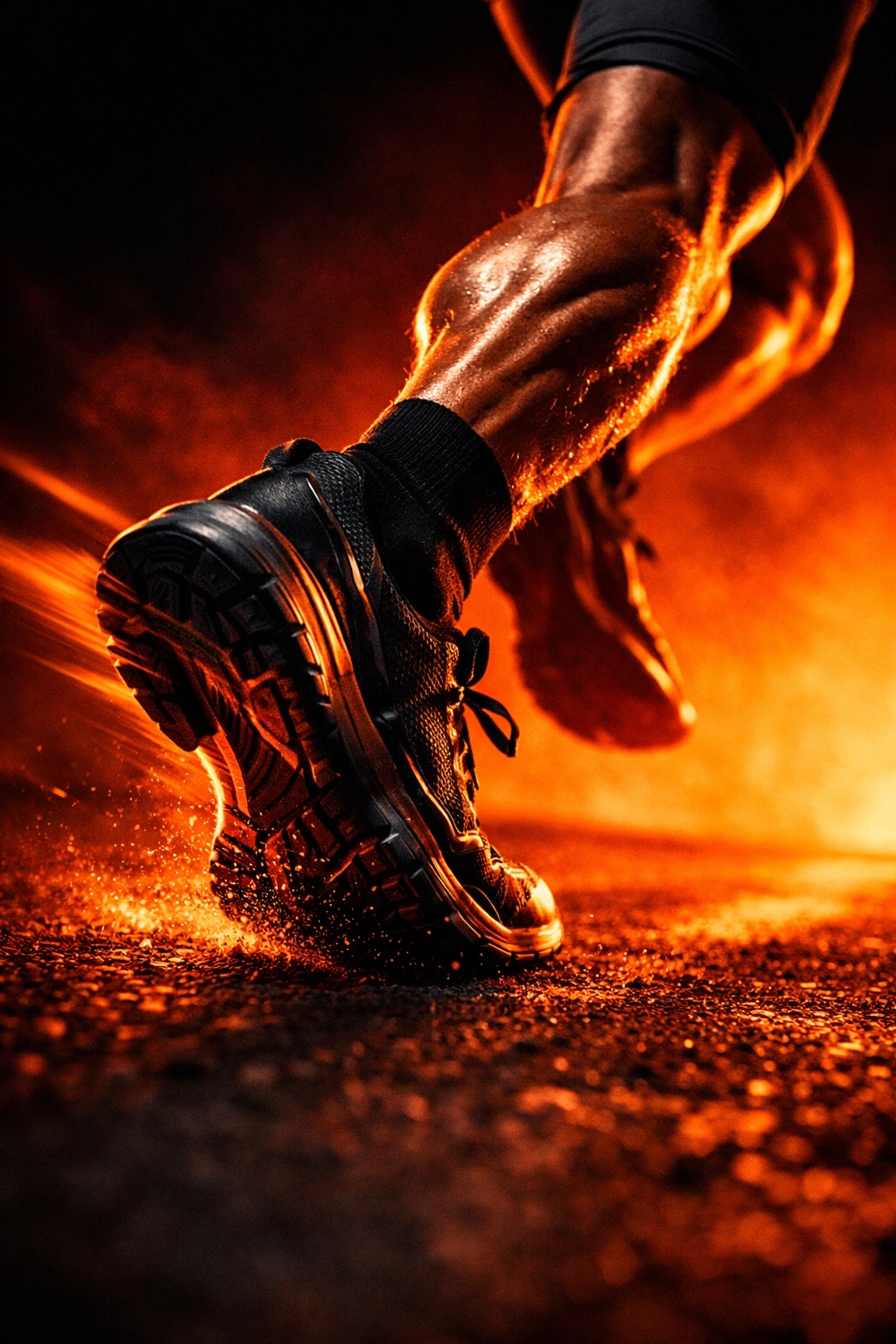 Close-up of a runner's powerful calf and foot in motion, highlighting muscle strength to prevent injuries after 40.