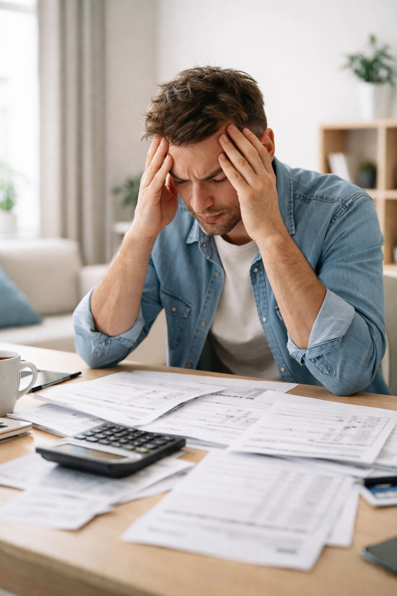 Overwhelmed small business owner surrounded by payroll paperwork and tax forms, highlighting compliance burdens