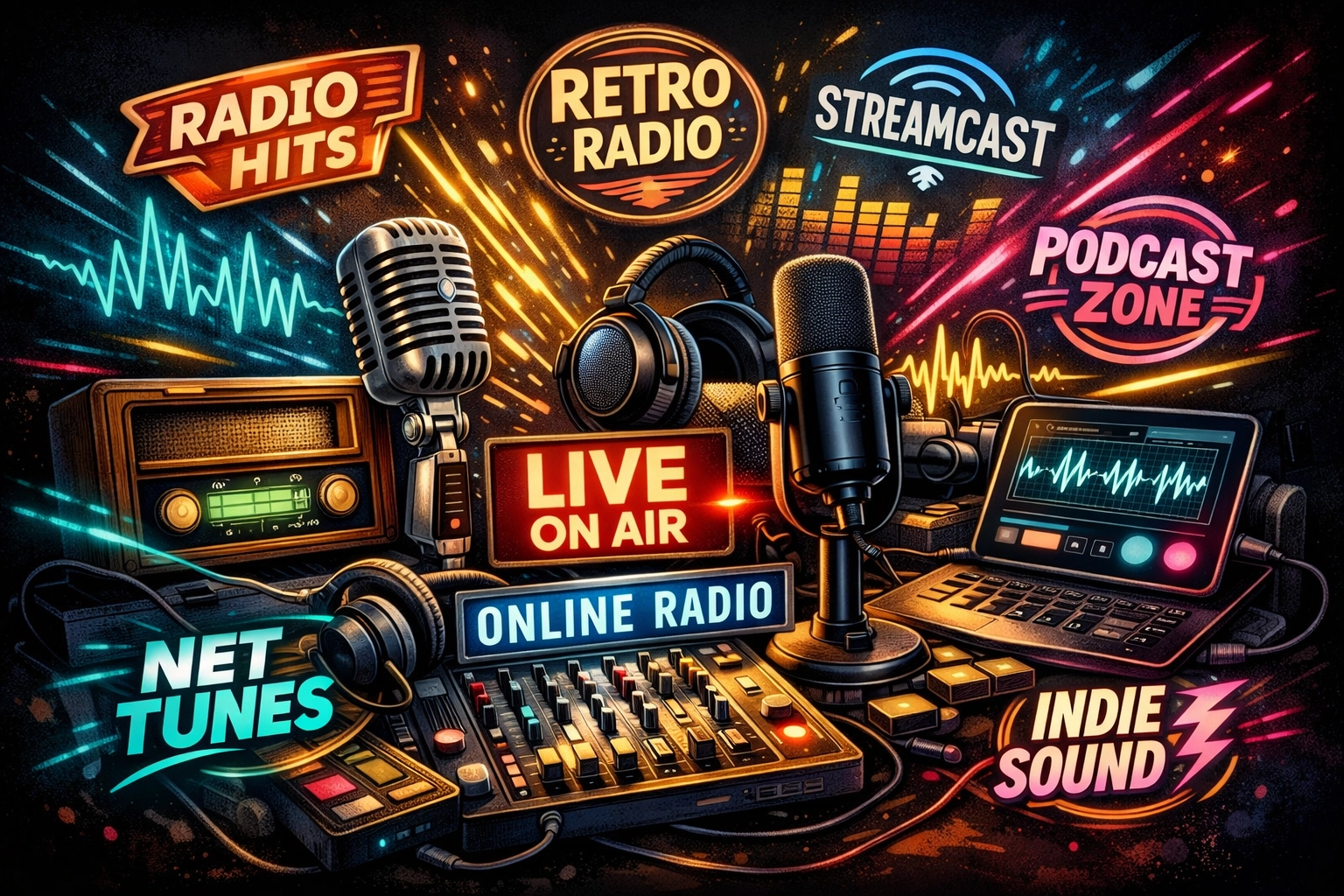 Internet radio broadcasting equipment showing hip hop and R&B station connections